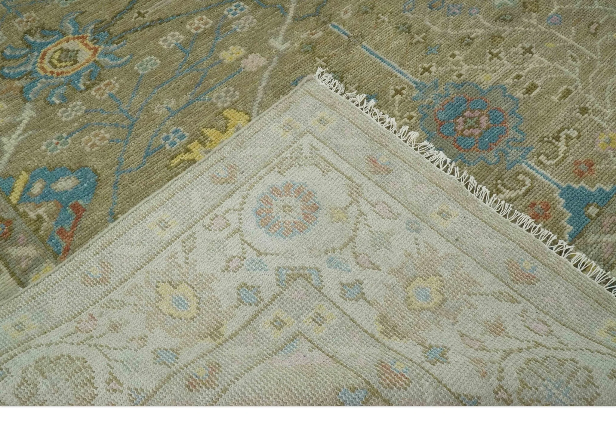 Traditional Floral Olive and Ivory 8x10 Hand Knotted Oriental Oushak wool area rug - Image 7