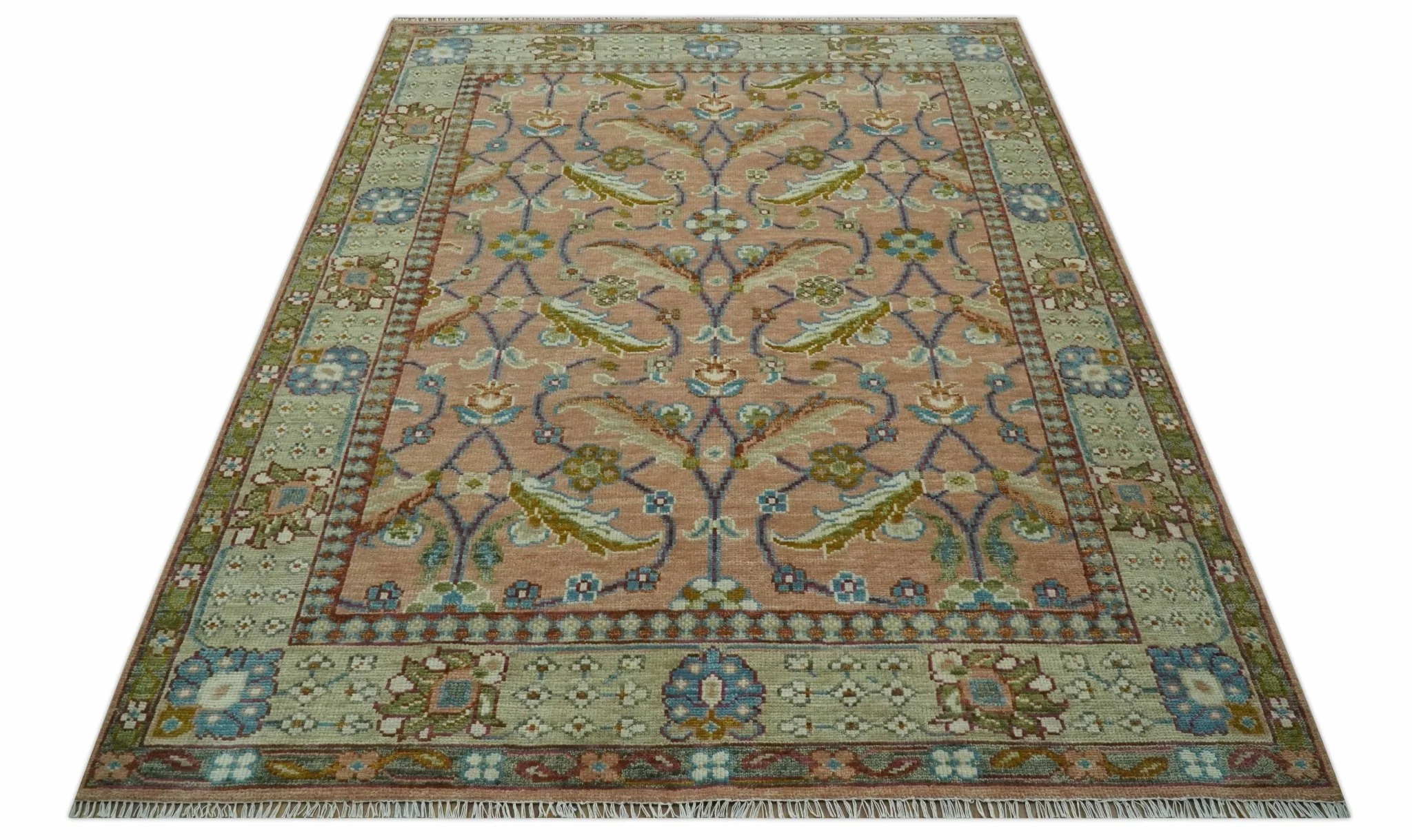 Traditional Floral Peach and Green Hand Knotted Custom Made wool area rug - Image 10
