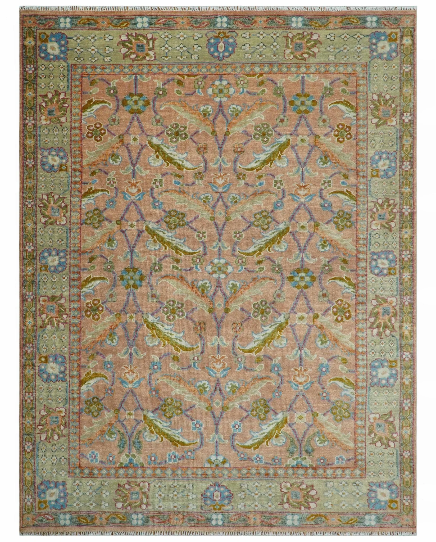 Traditional Floral Peach and Green Hand Knotted Custom Made wool area rug - Image 11