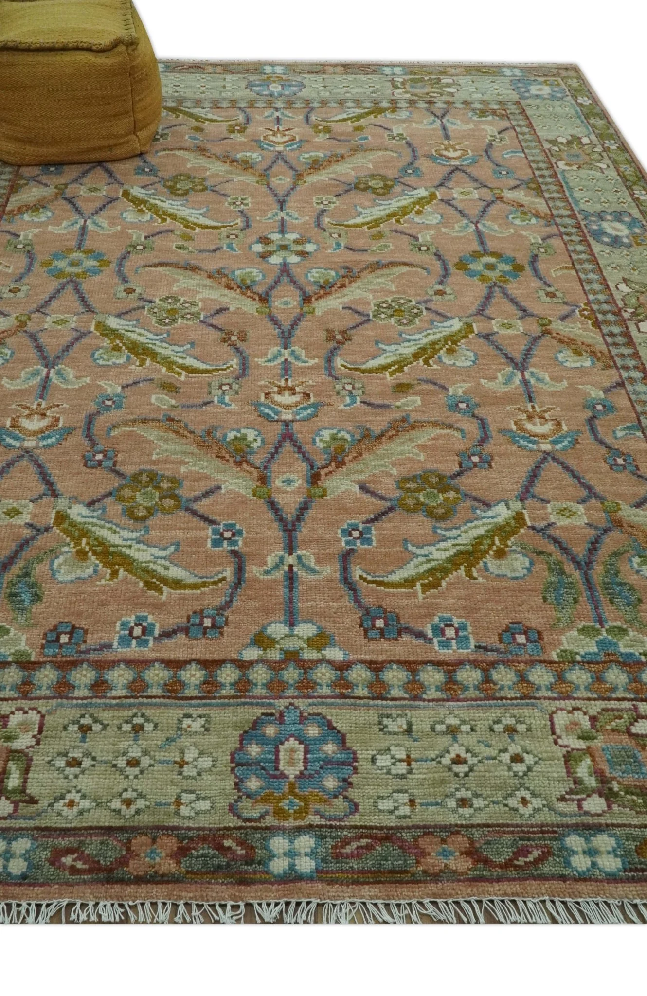 Traditional Floral Peach and Green Hand Knotted Custom Made wool area rug - Image 3