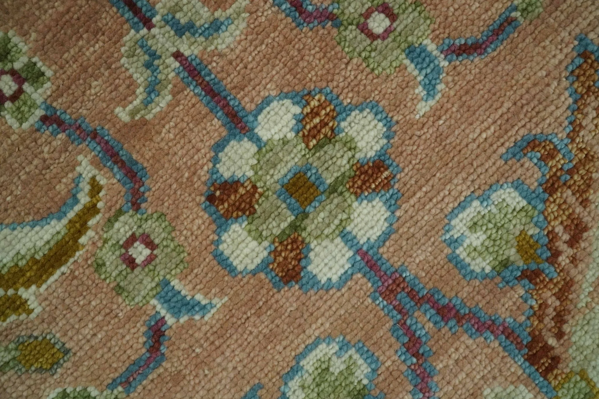 Traditional Floral Peach and Green Hand Knotted Custom Made wool area rug - Image 4
