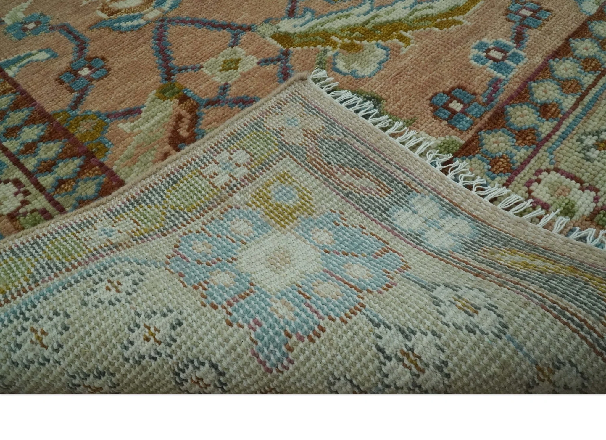 Traditional Floral Peach and Green Hand Knotted Custom Made wool area rug - Image 7
