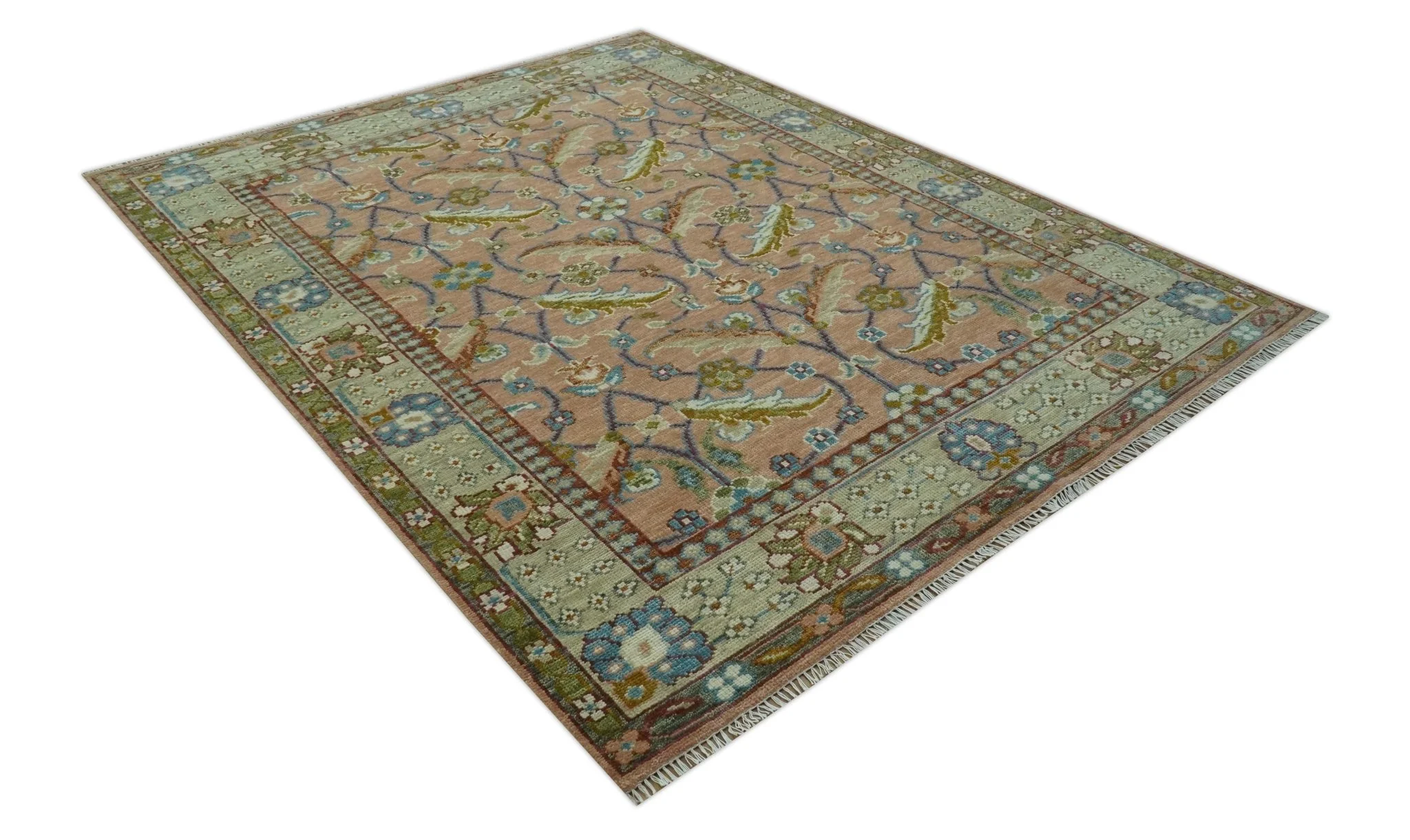 Traditional Floral Peach and Green Hand Knotted Custom Made wool area rug - Image 9