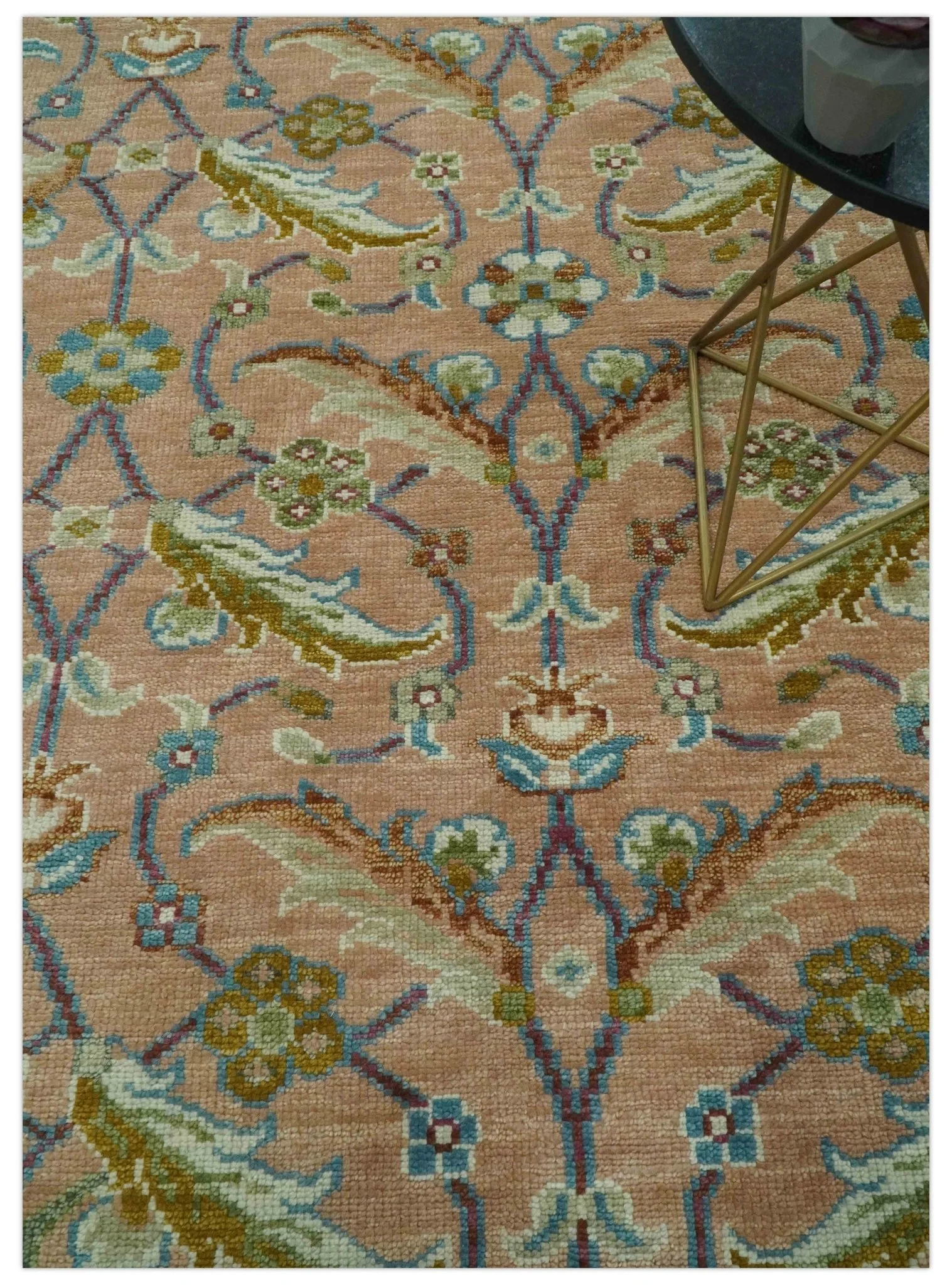Traditional Floral Peach and Green Hand Knotted 8x10 wool area rug - Image 2