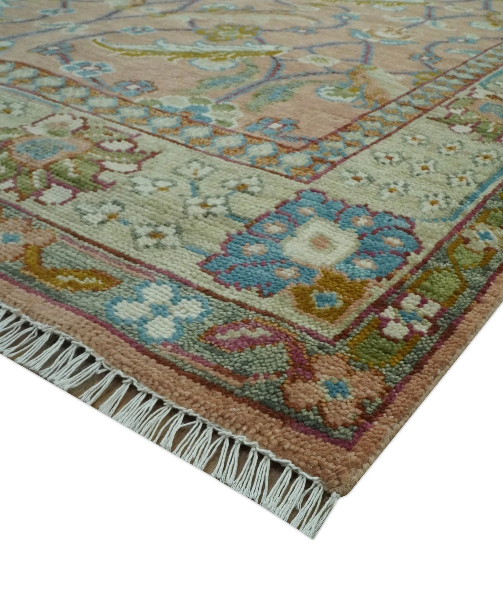Traditional Floral Peach and Green Hand Knotted 8x10 wool area rug - Image 5