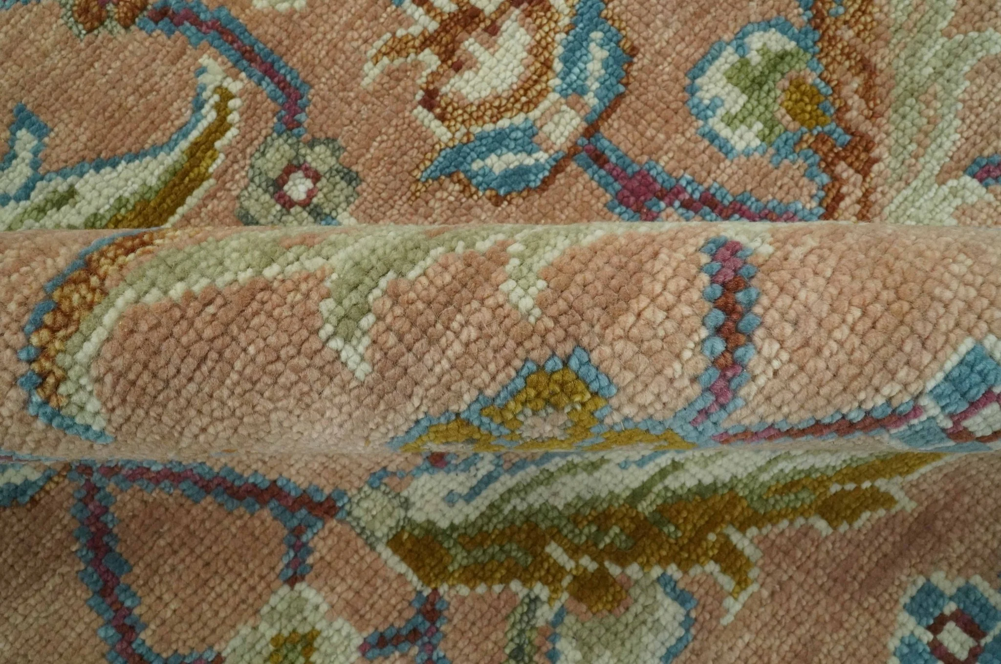 Traditional Floral Peach and Green Hand Knotted 8x10 wool area rug - Image 6