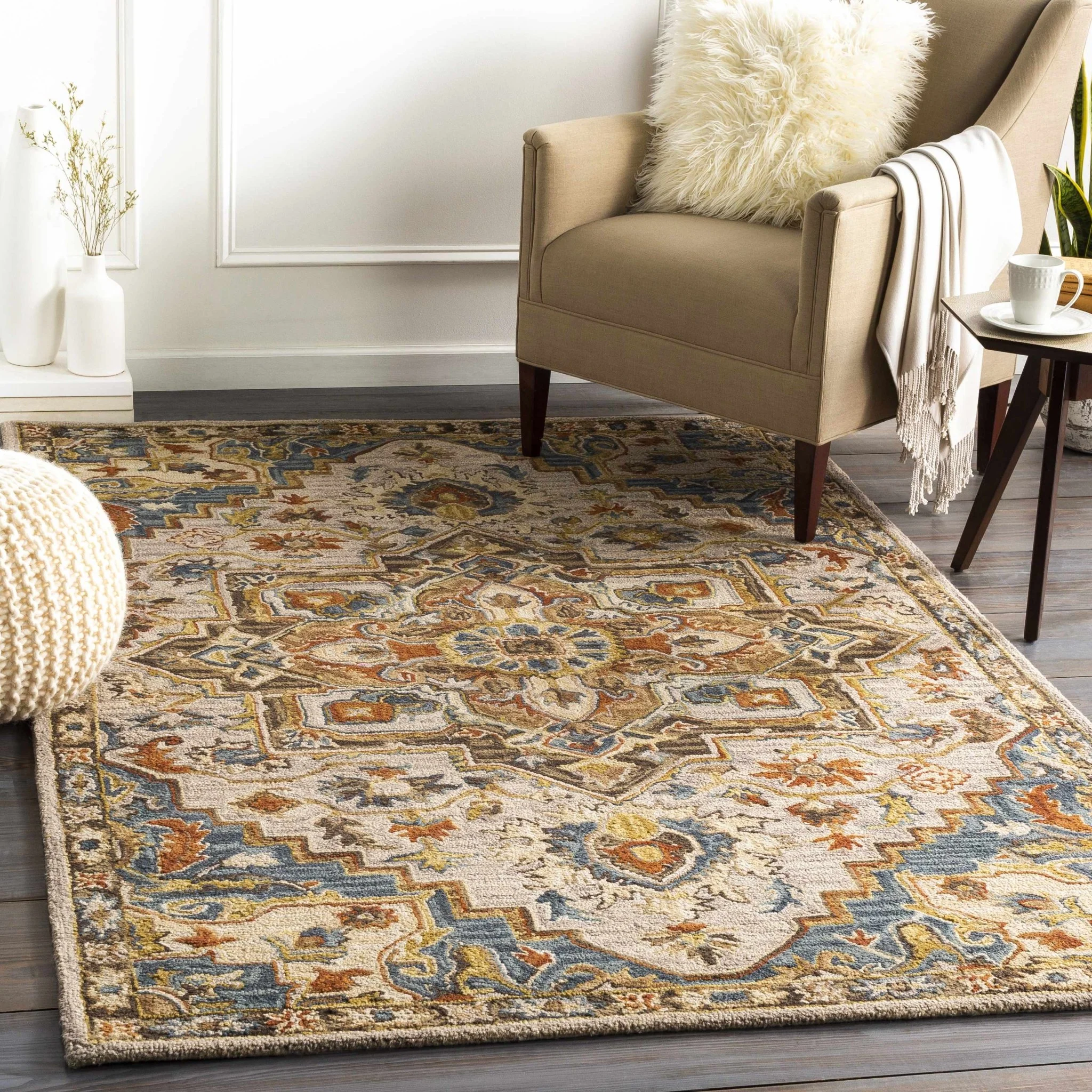 Traditional Floral Peach, Purple Teal and Rust Medallion Hand Tufted wool Area Rug - Image 2