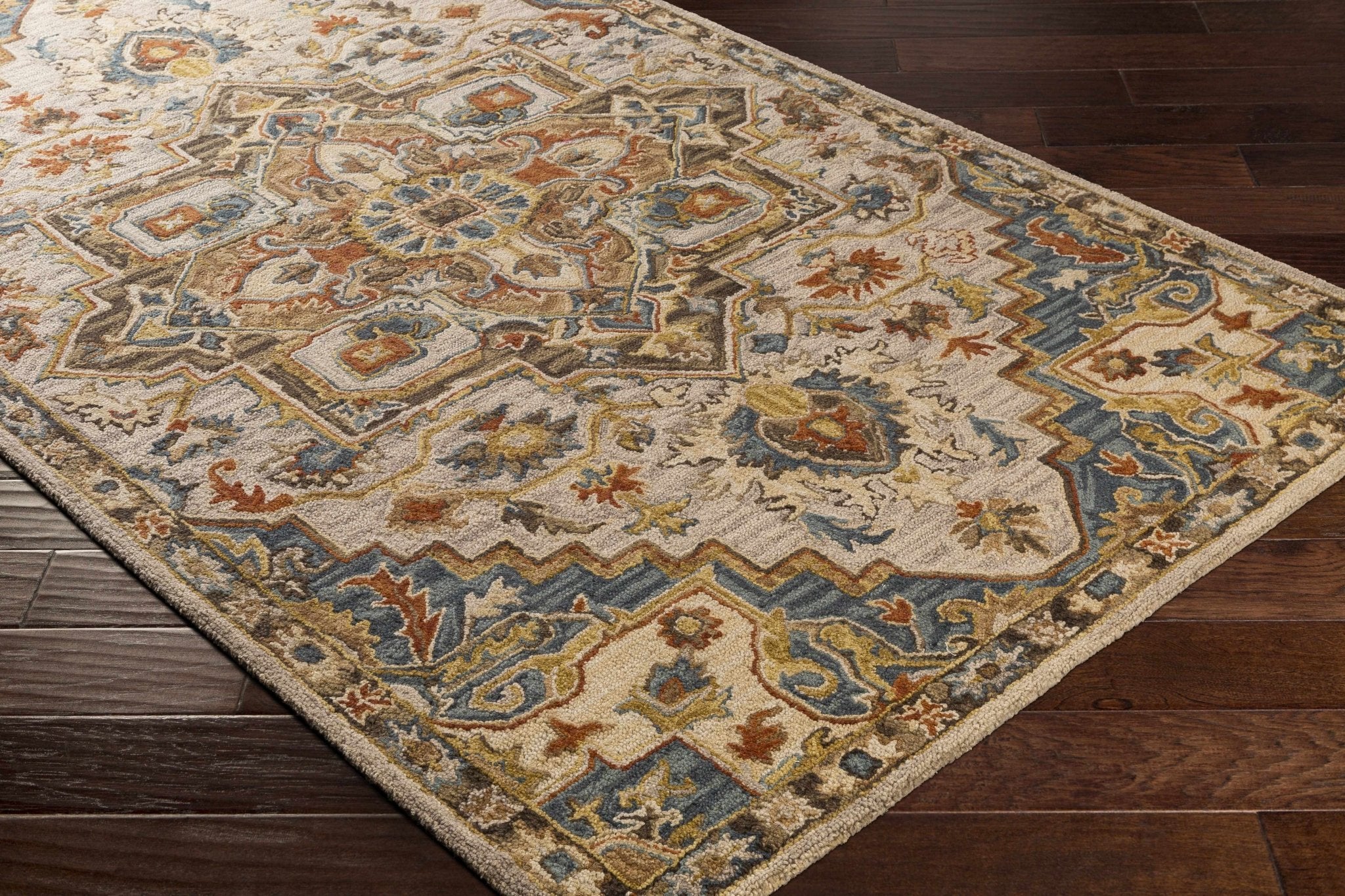 Traditional Floral Peach, Purple Teal and Rust Medallion Hand Tufted wool Area Rug - Image 4