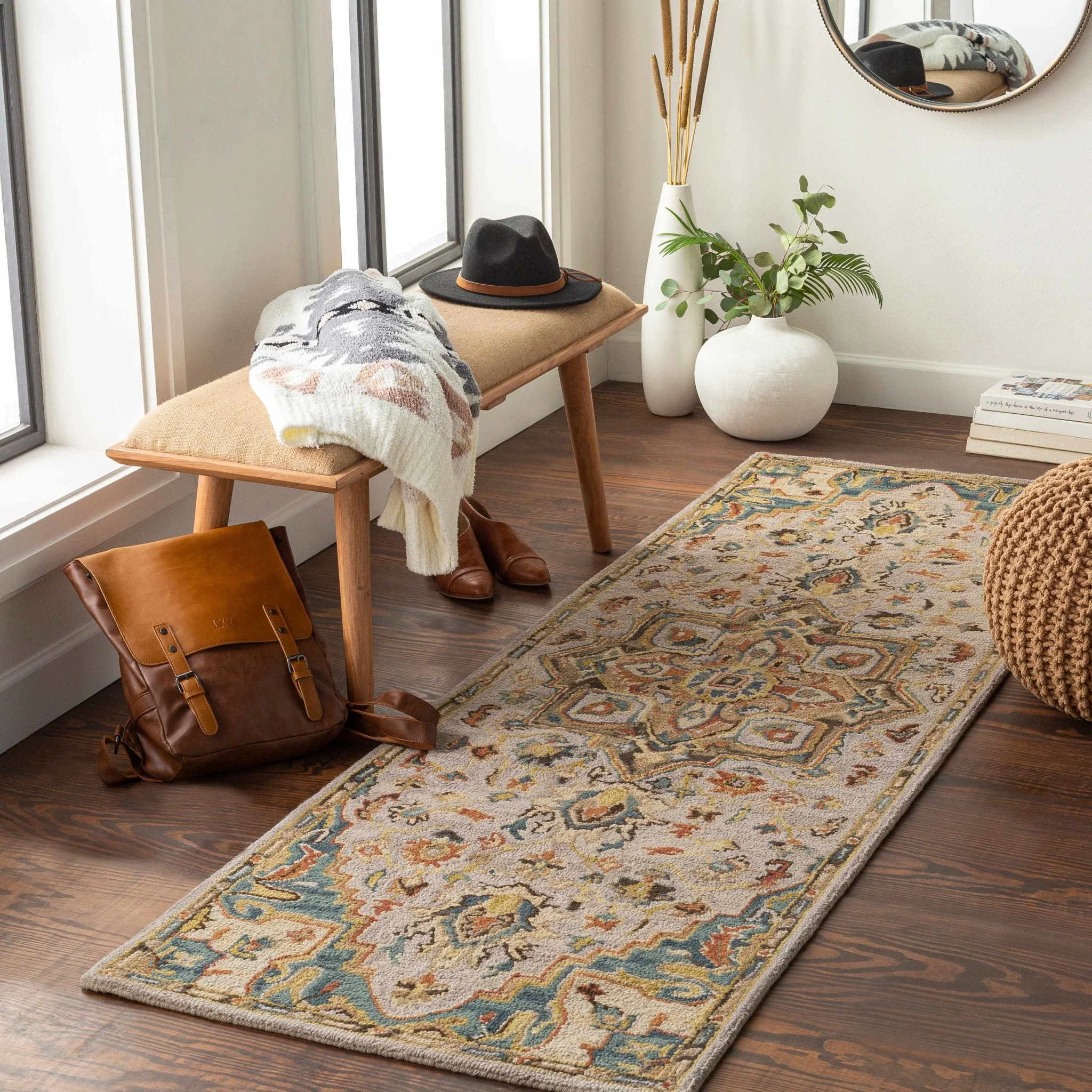Traditional Floral Peach, Purple Teal and Rust Medallion Hand Tufted wool Area Rug - Image 8