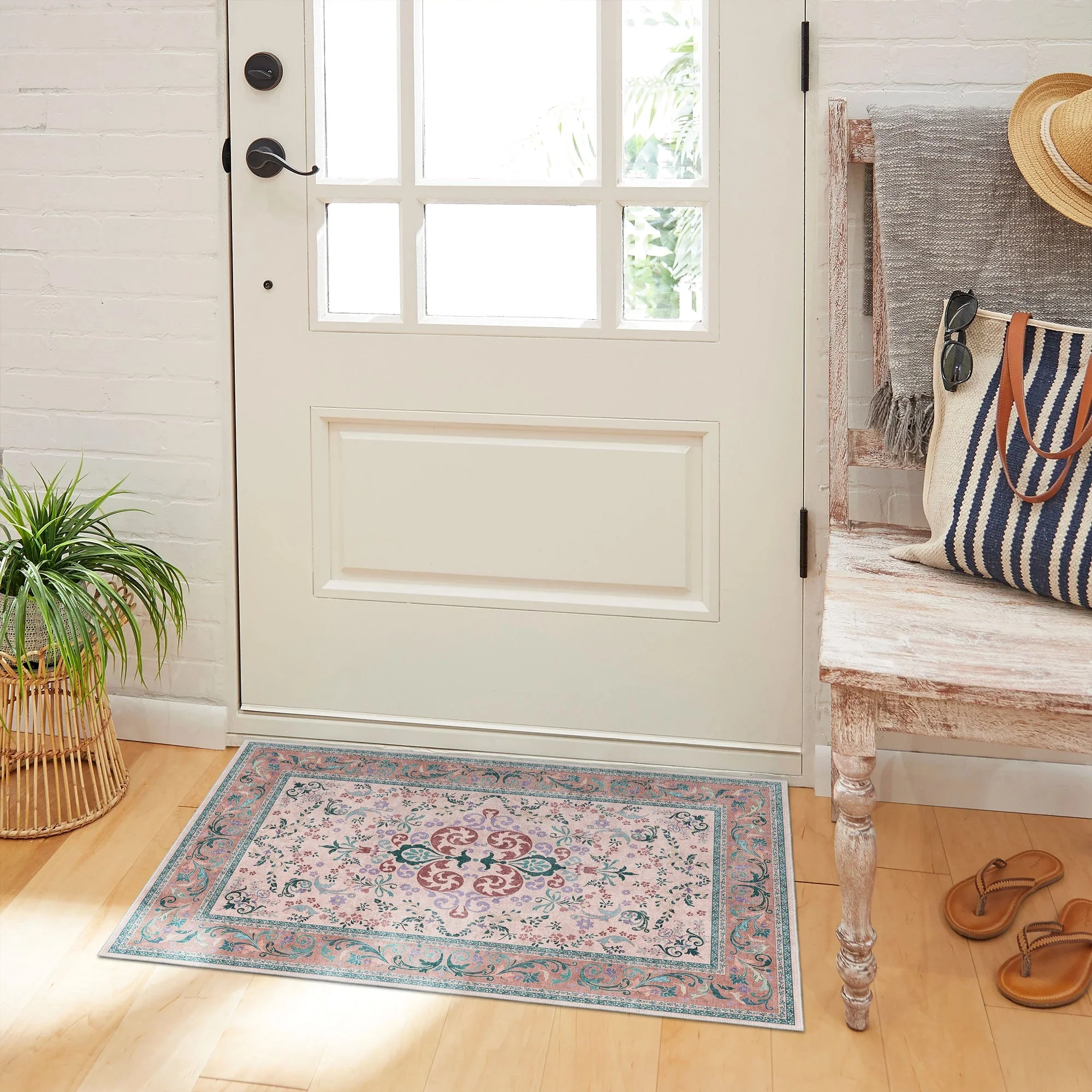 Traditional Floral Pink Cotton Machine Washable Area Rug - Image 4