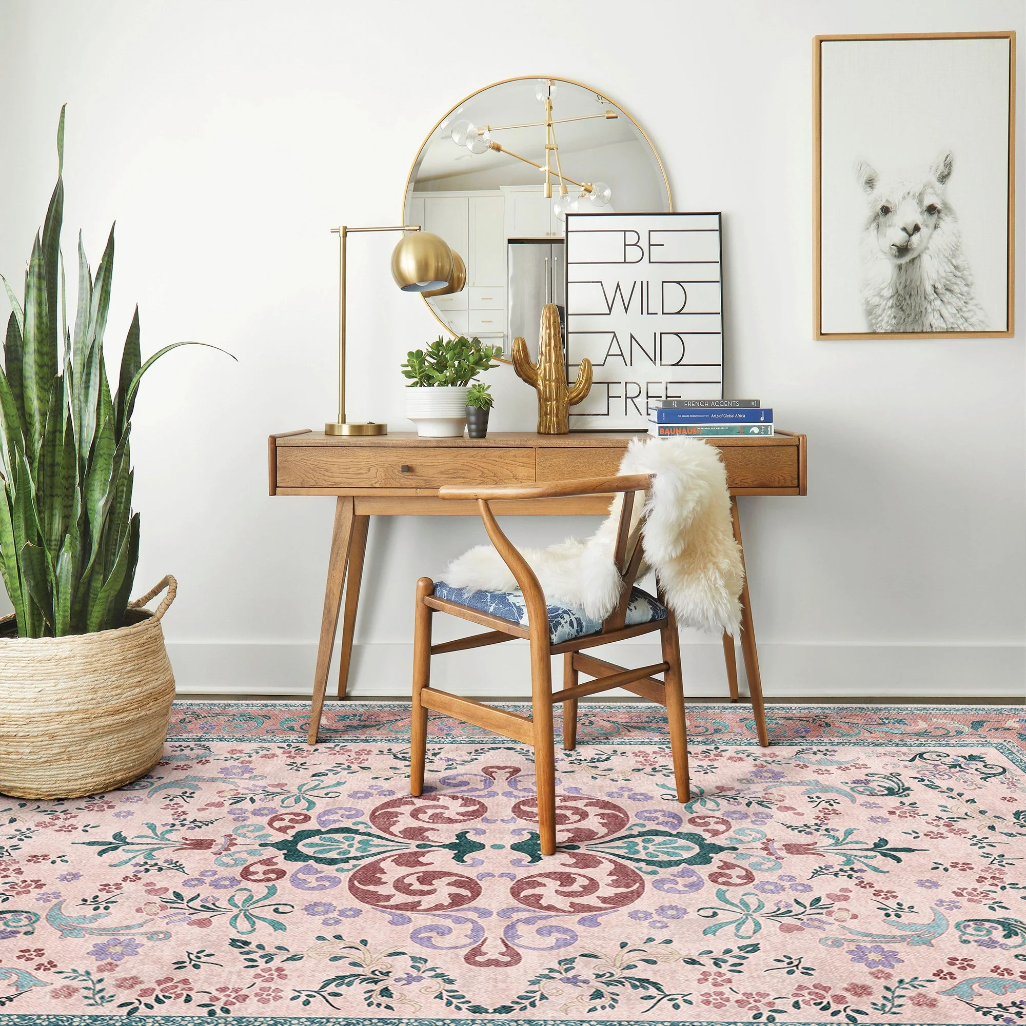 Traditional Floral Pink Cotton Machine Washable Area Rug - Image 5