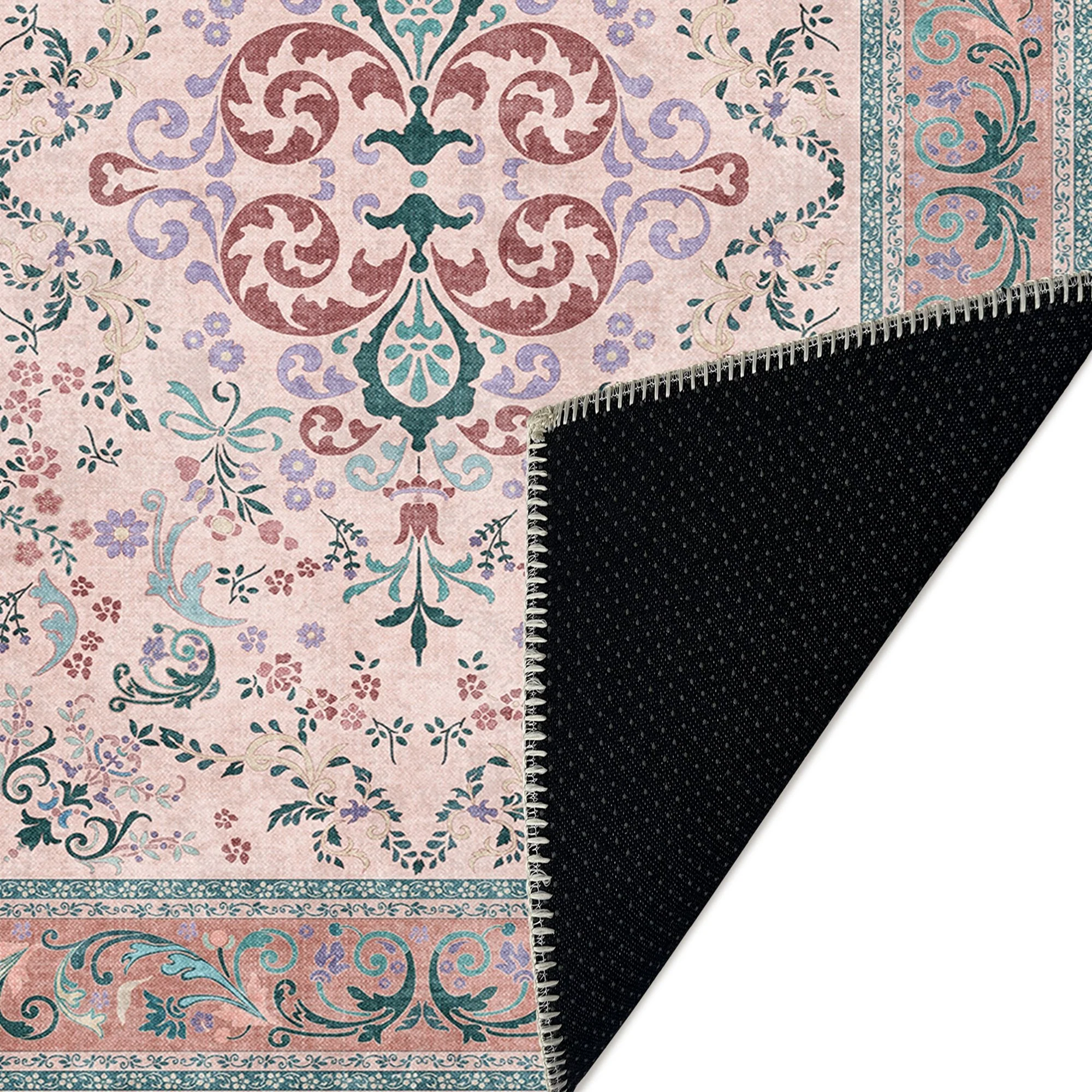 Traditional Floral Pink Cotton Machine Washable Area Rug - Image 7