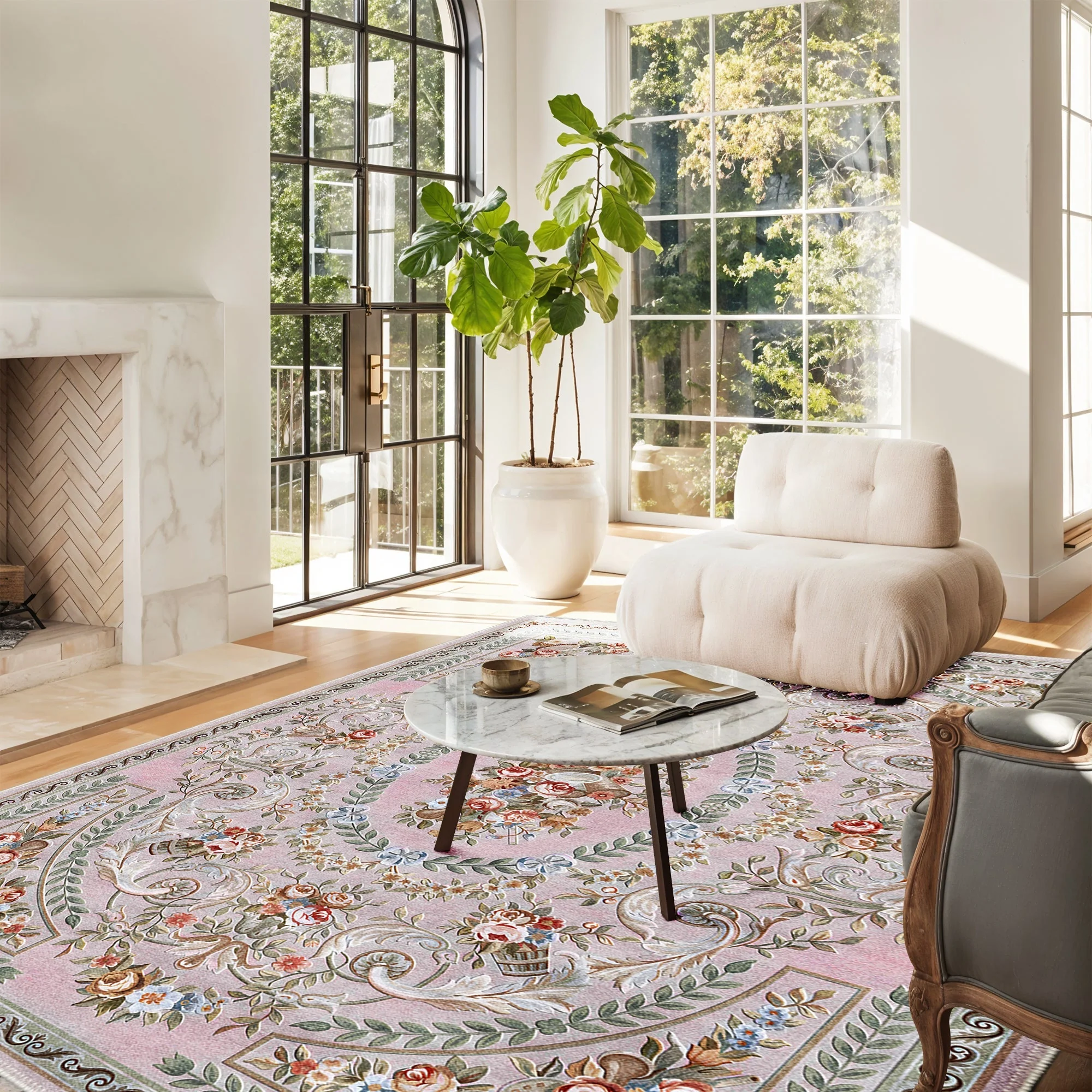 Traditional Floral Pink Machine Washable Cotton Area Rug - Image 2