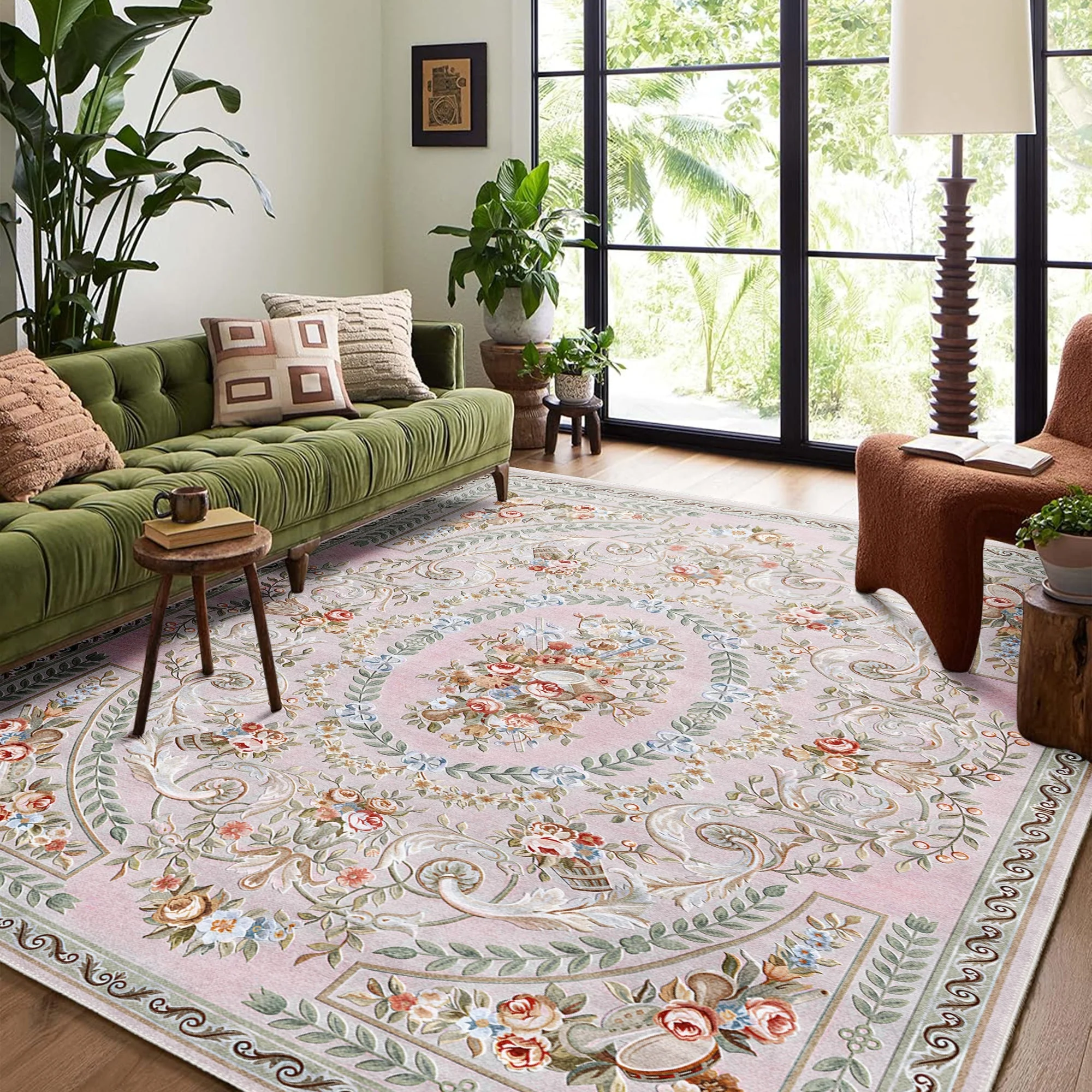 Traditional Floral Pink Machine Washable Cotton Area Rug - Image 3
