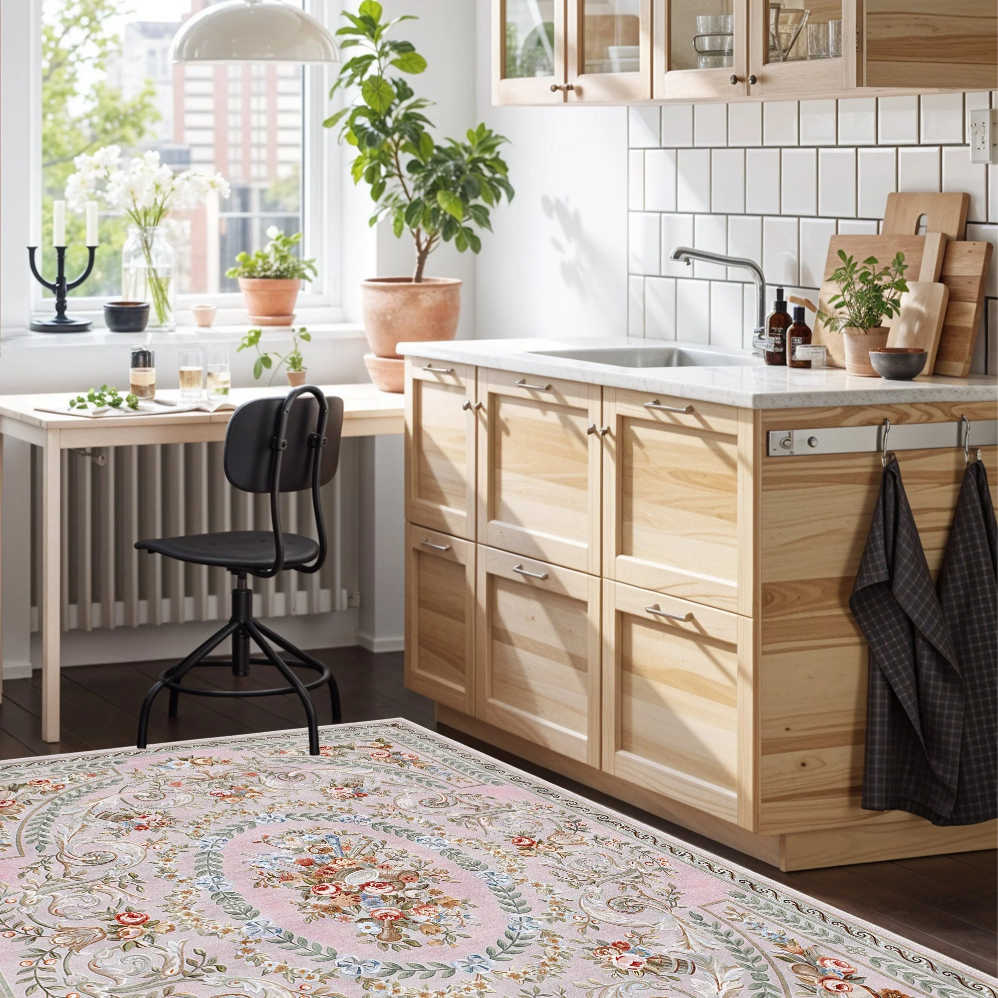 Traditional Floral Pink Machine Washable Cotton Area Rug - Image 5