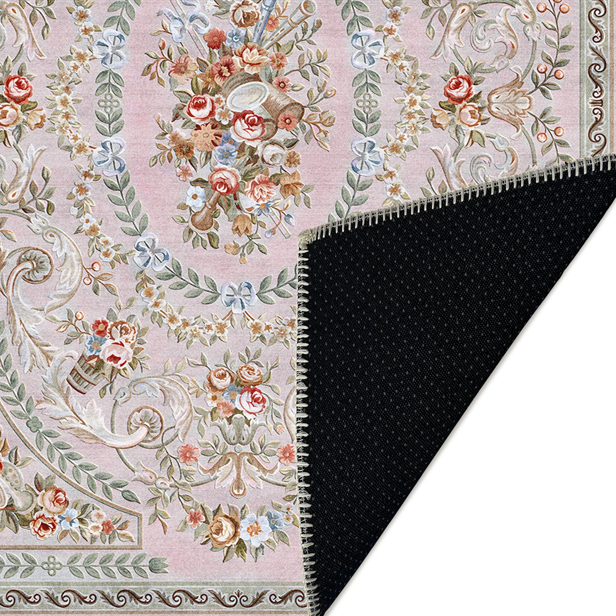 Traditional Floral Pink Machine Washable Cotton Area Rug - Image 7