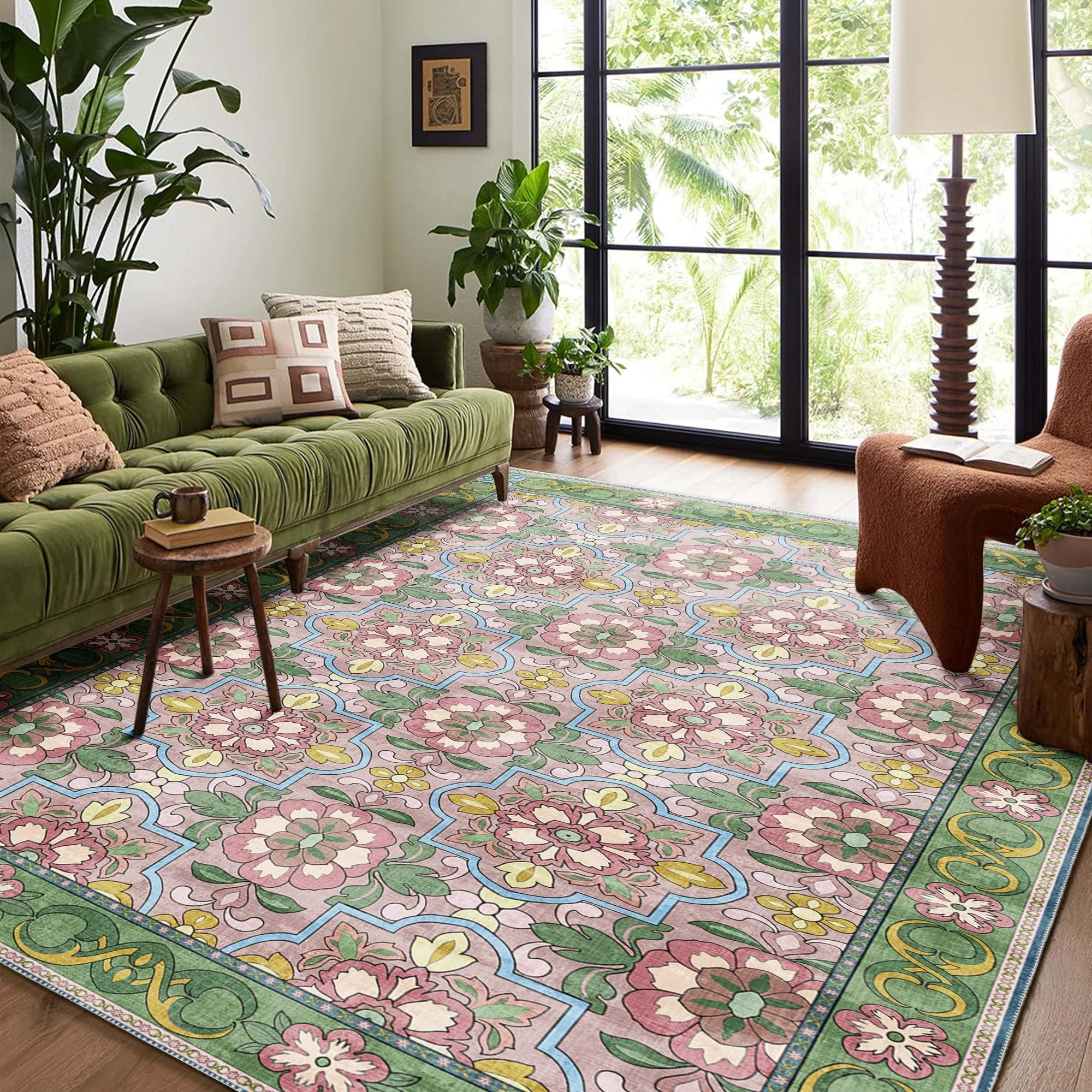 Traditional Floral Pink Machine Washable Cotton Area Rug - Image 2