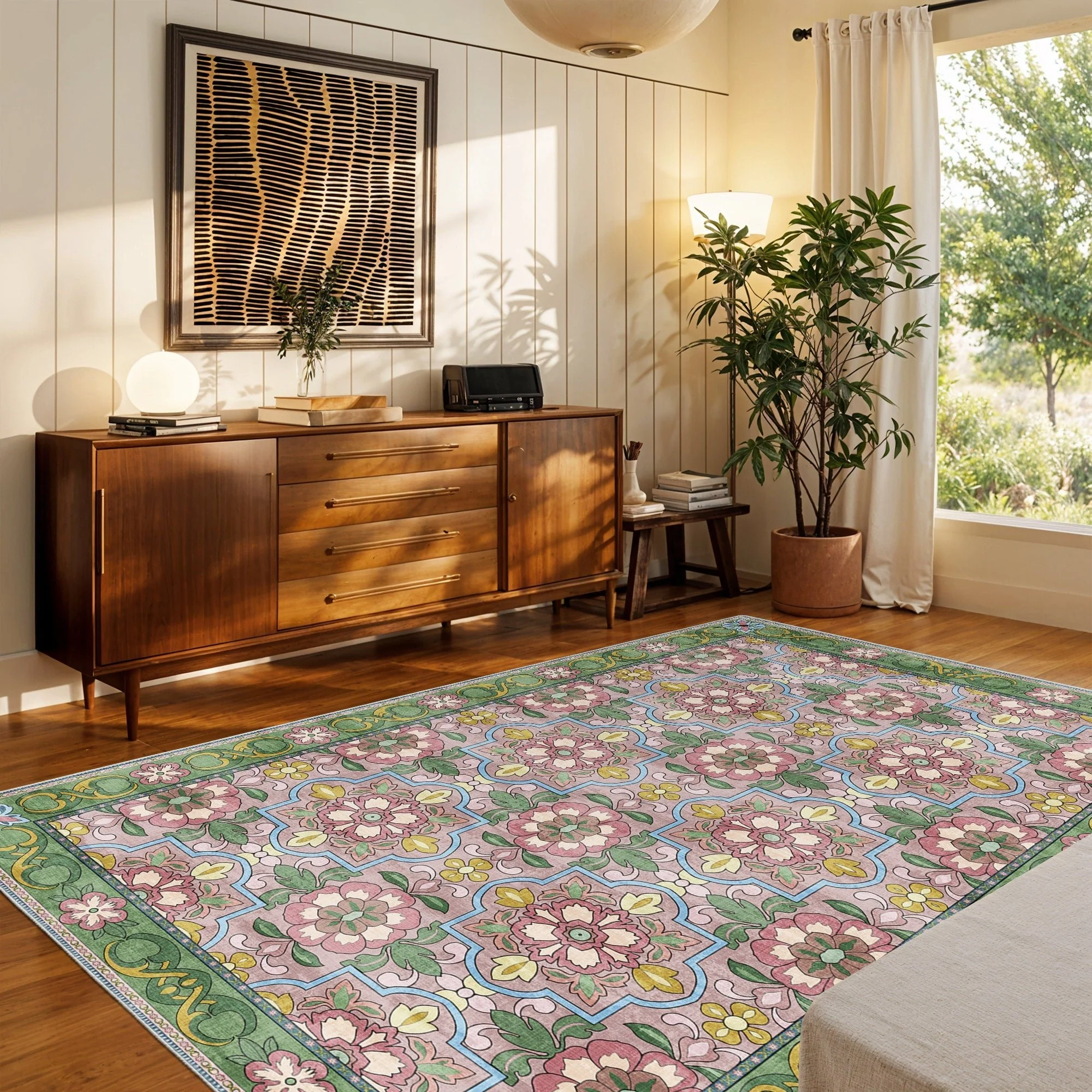 Traditional Floral Pink Machine Washable Cotton Area Rug - Image 3