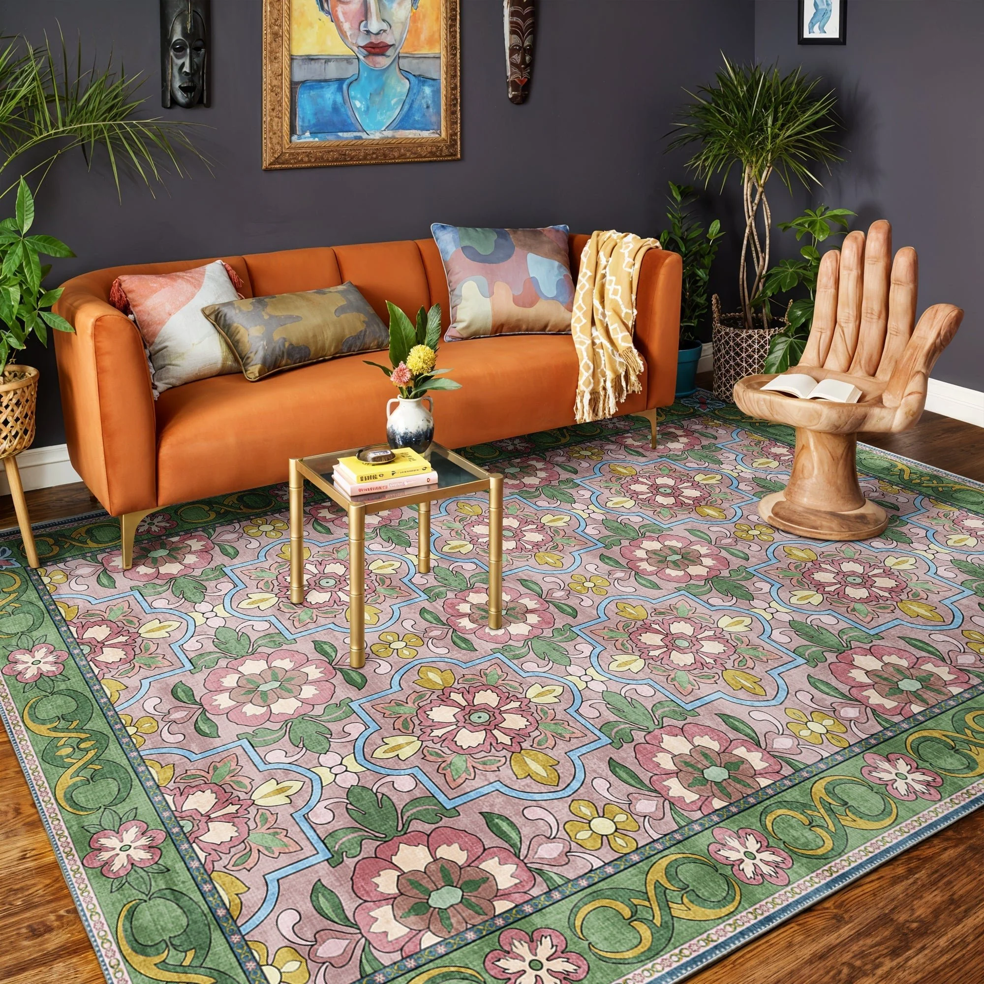 Traditional Floral Pink Machine Washable Cotton Area Rug - Image 4
