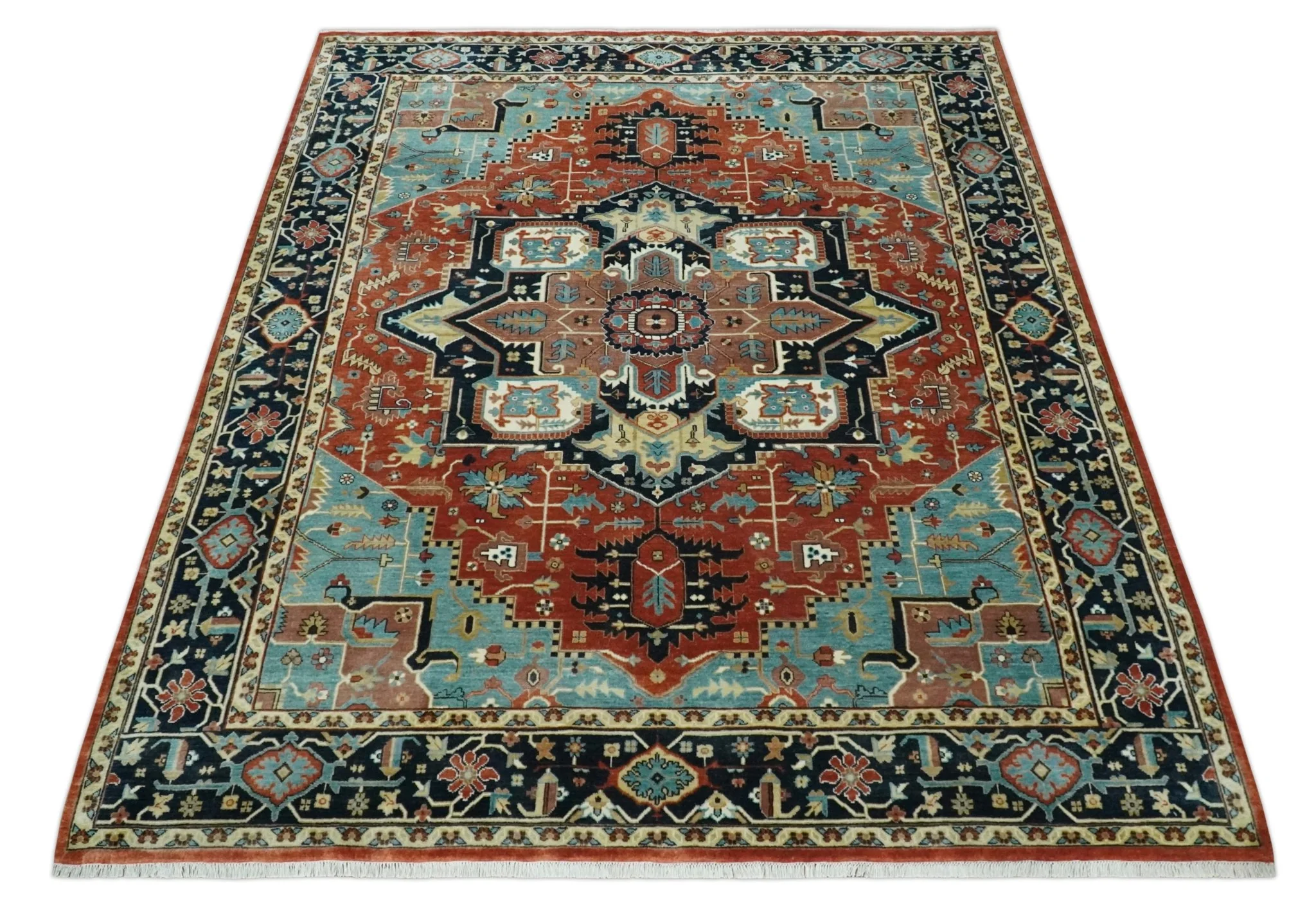 Fine Traditional Floral Hand knotted Brown, Aqua and Black 8x10 wool Area Rug - Image 10