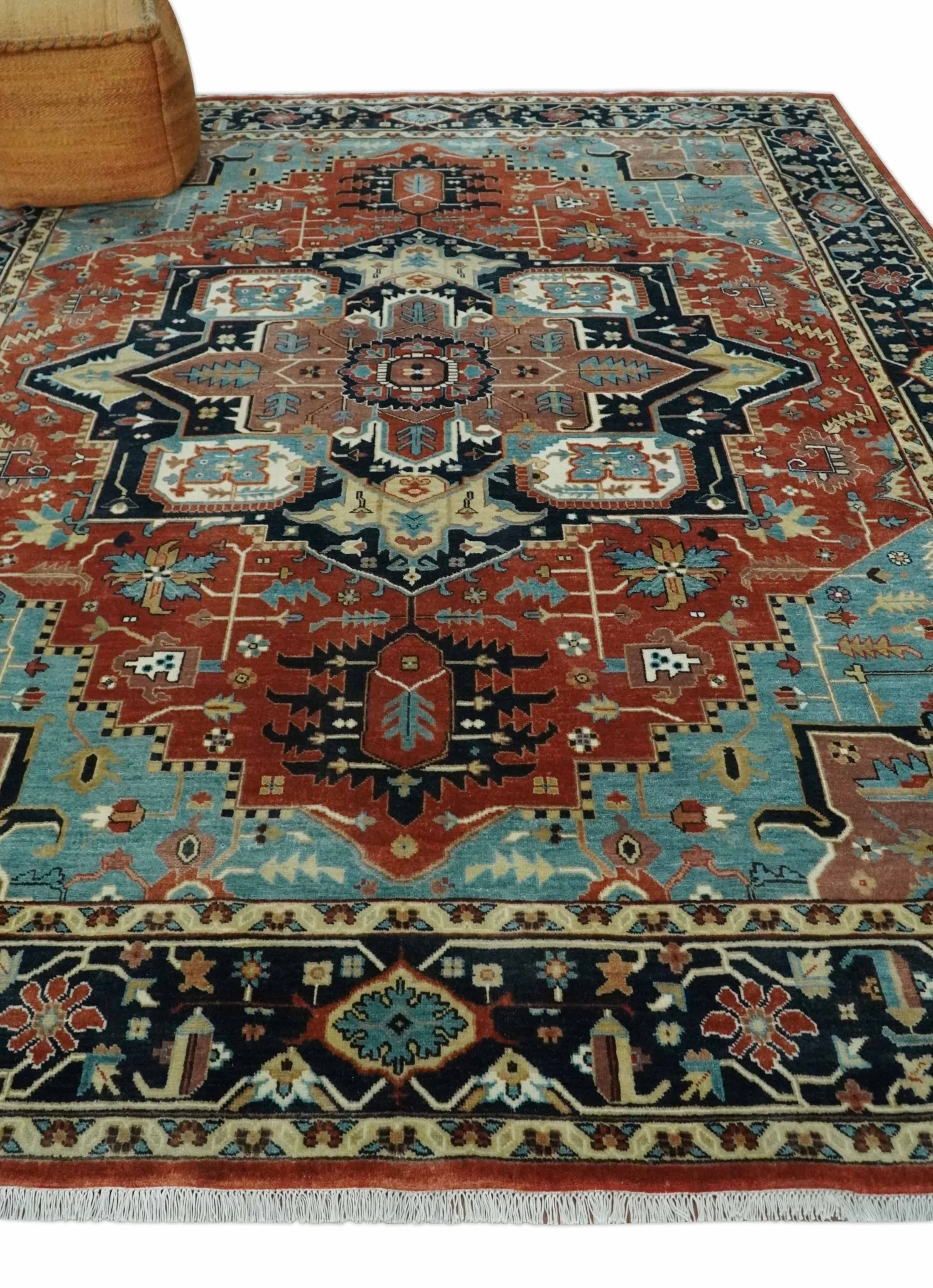 Fine Traditional Floral Hand knotted Brown, Aqua and Black 8x10 wool Area Rug - Image 3