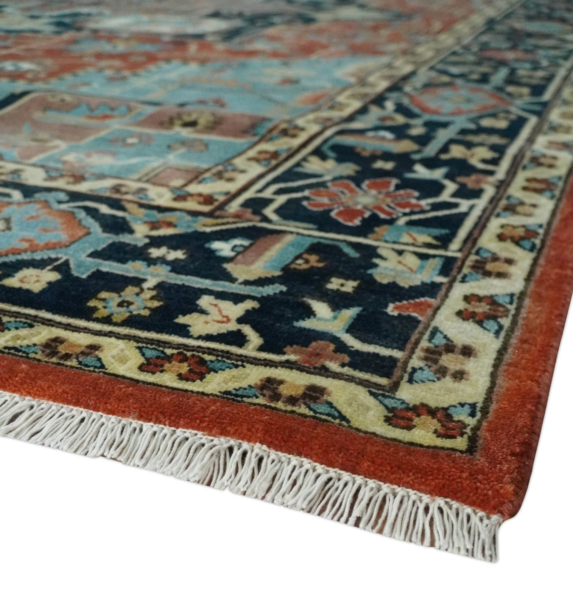 Fine Traditional Floral Hand knotted Brown, Aqua and Black 8x10 wool Area Rug - Image 5
