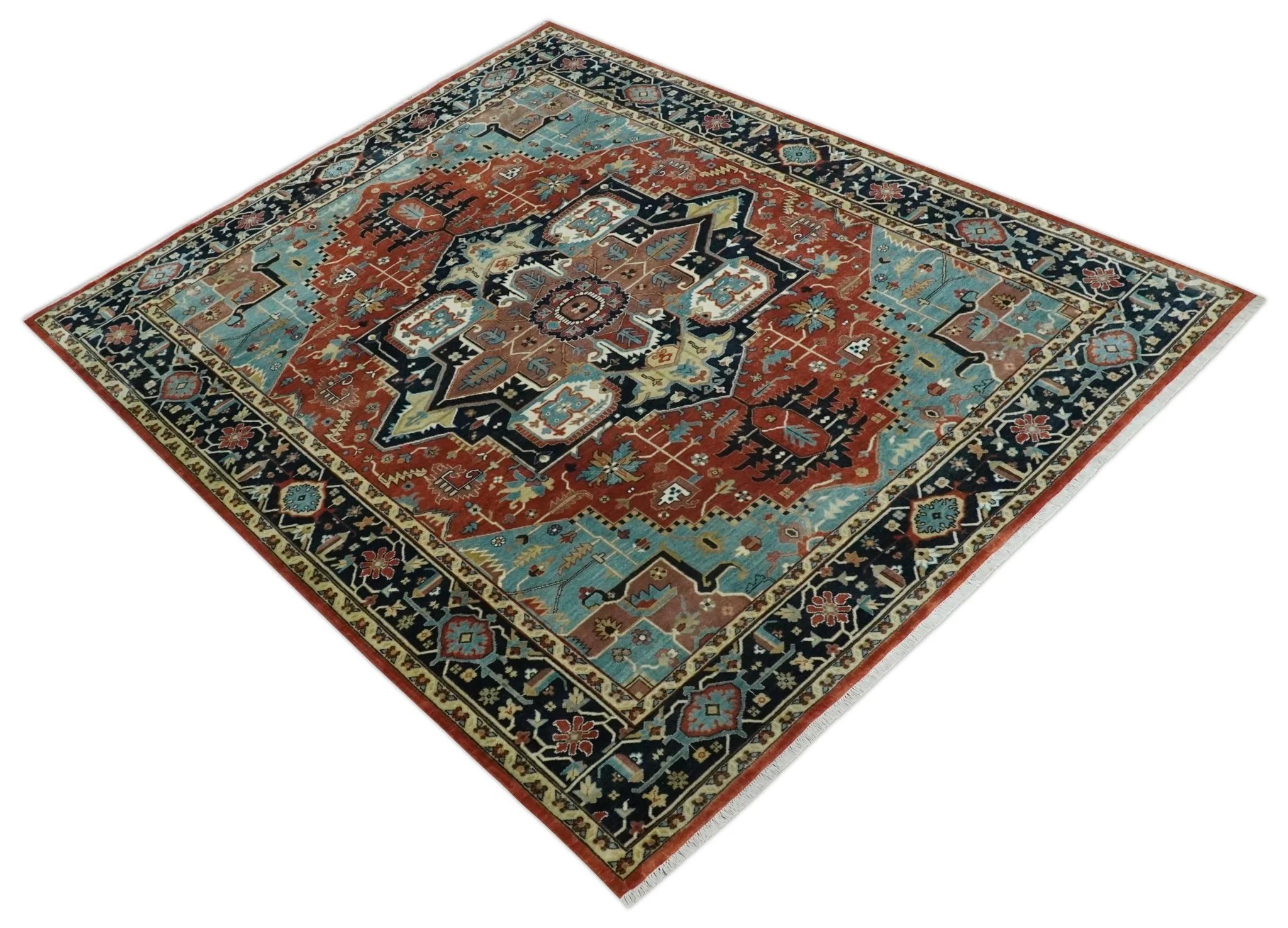 Fine Traditional Floral Hand knotted Brown, Aqua and Black 8x10 wool Area Rug - Image 9