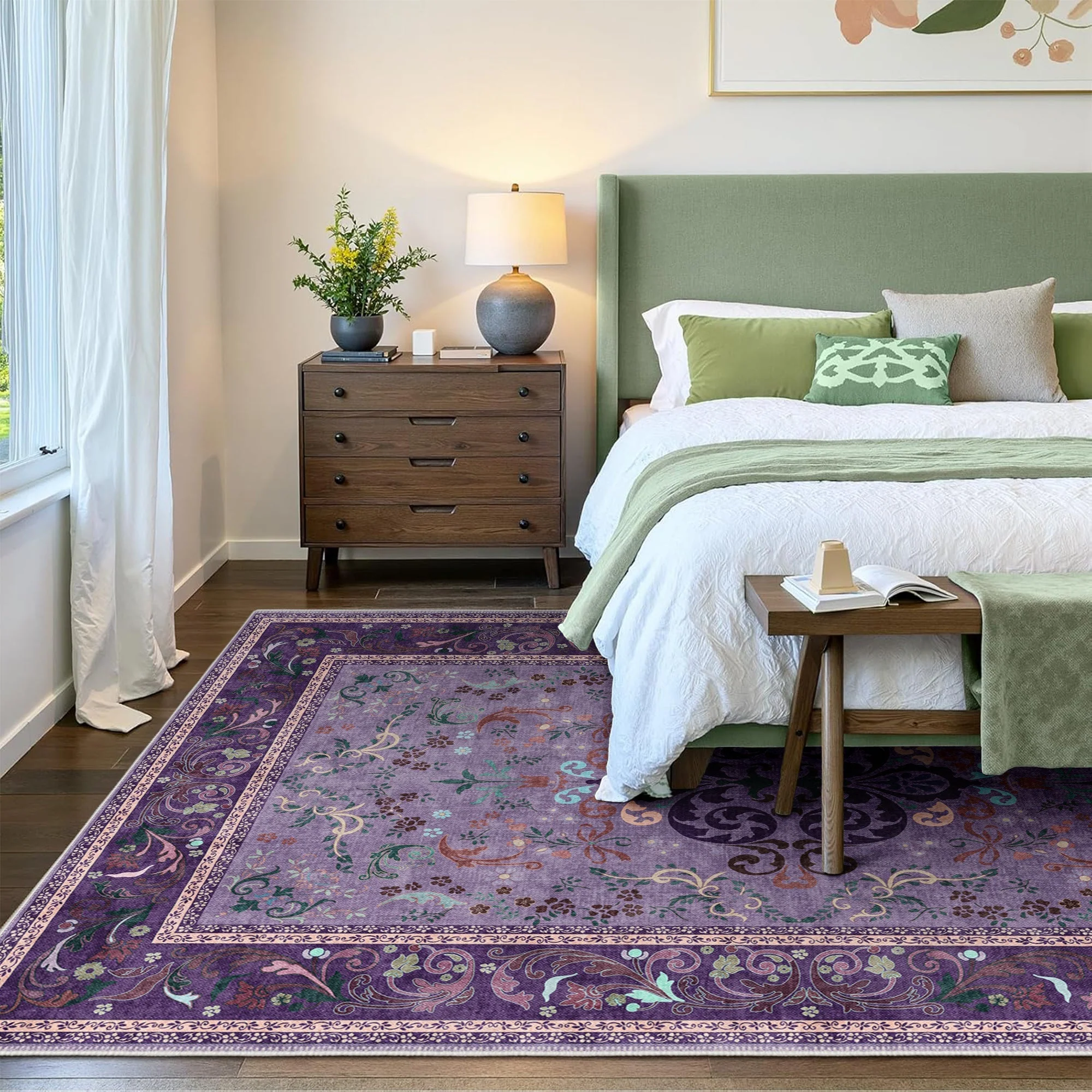 Traditional Floral Purple Machine Washable Cotton Area Rug - Image 2