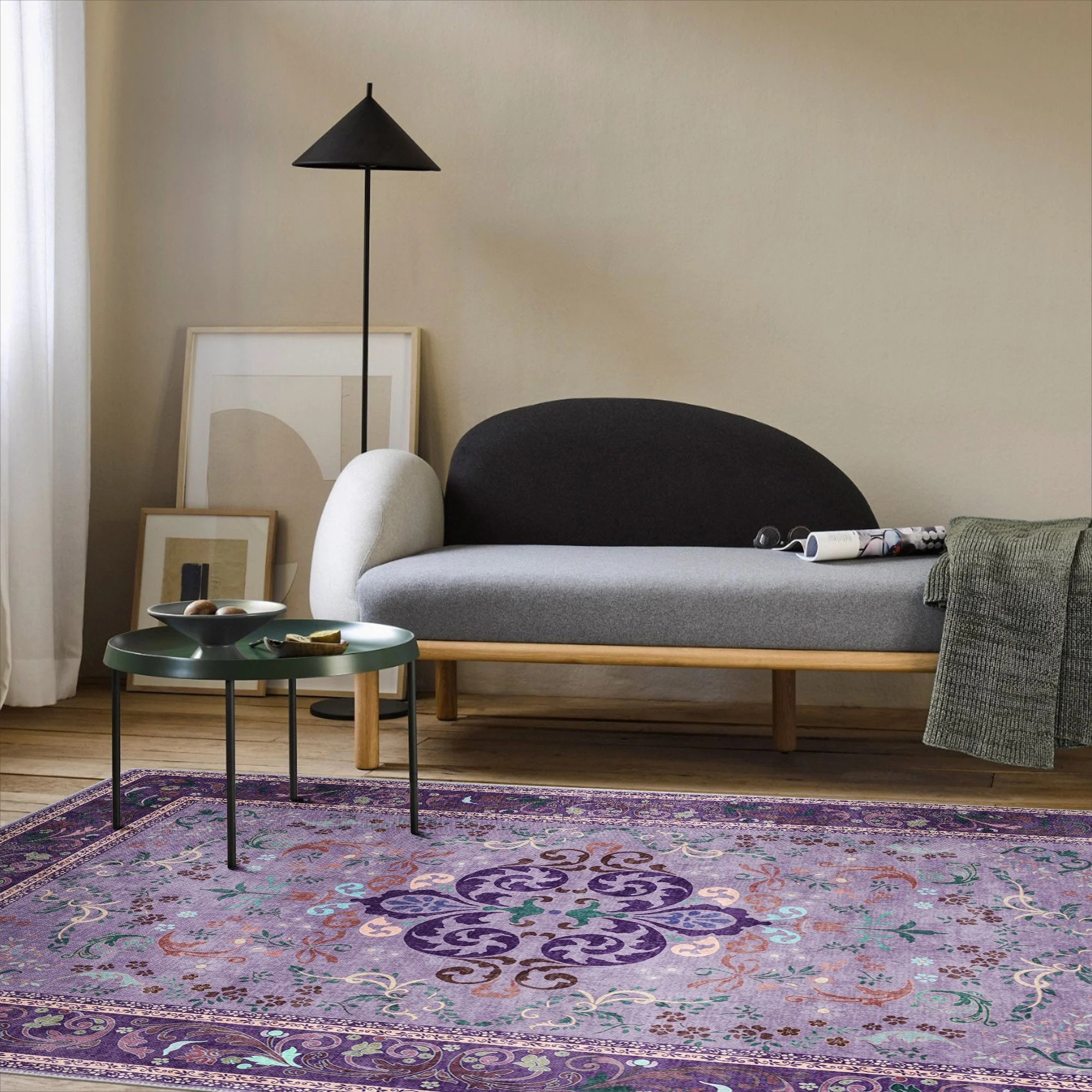 Traditional Floral Purple Machine Washable Cotton Area Rug - Image 3