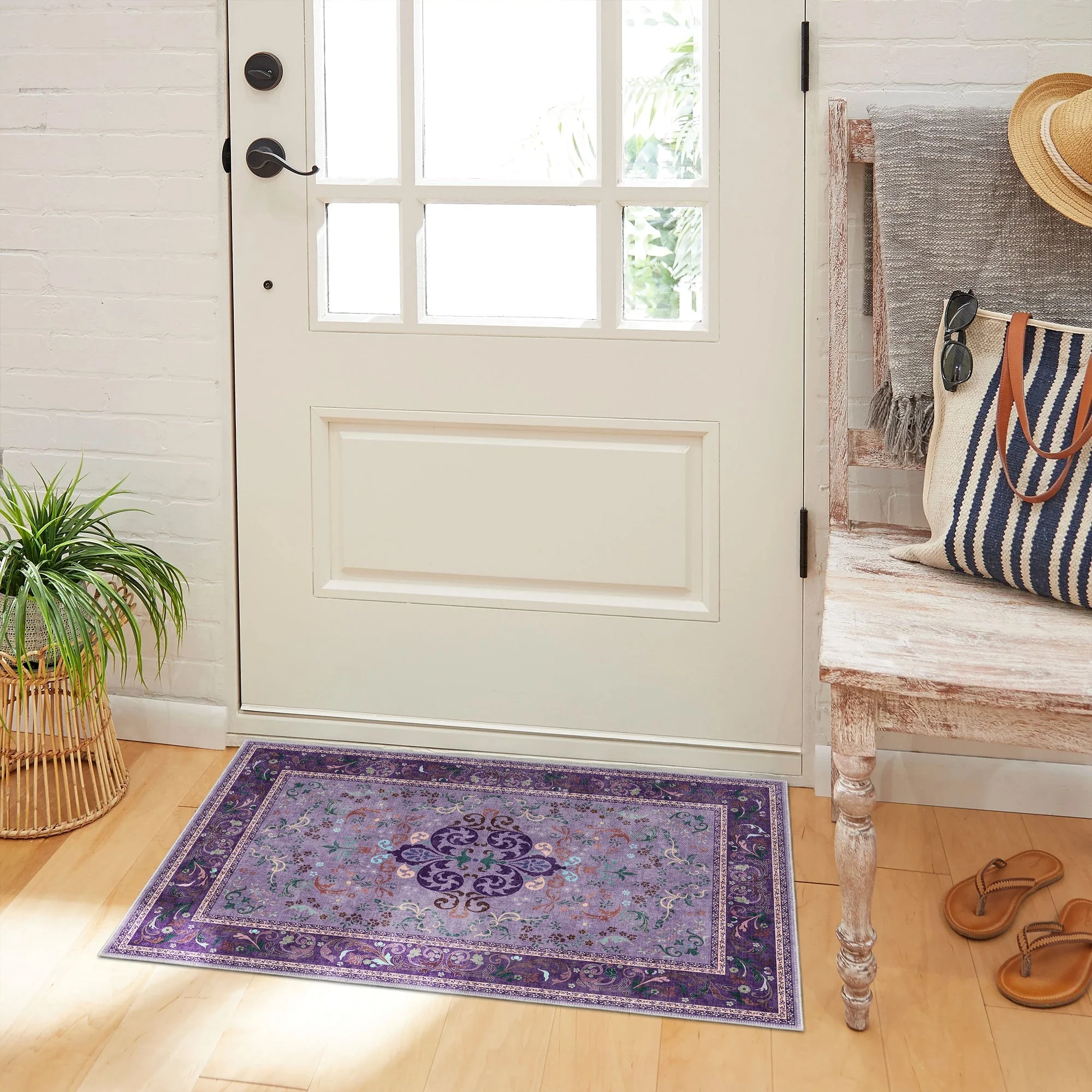 Traditional Floral Purple Machine Washable Cotton Area Rug - Image 4