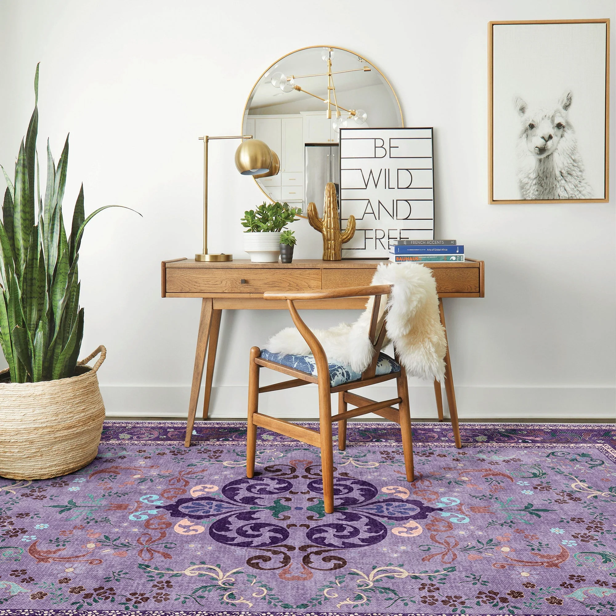 Traditional Floral Purple Machine Washable Cotton Area Rug - Image 5