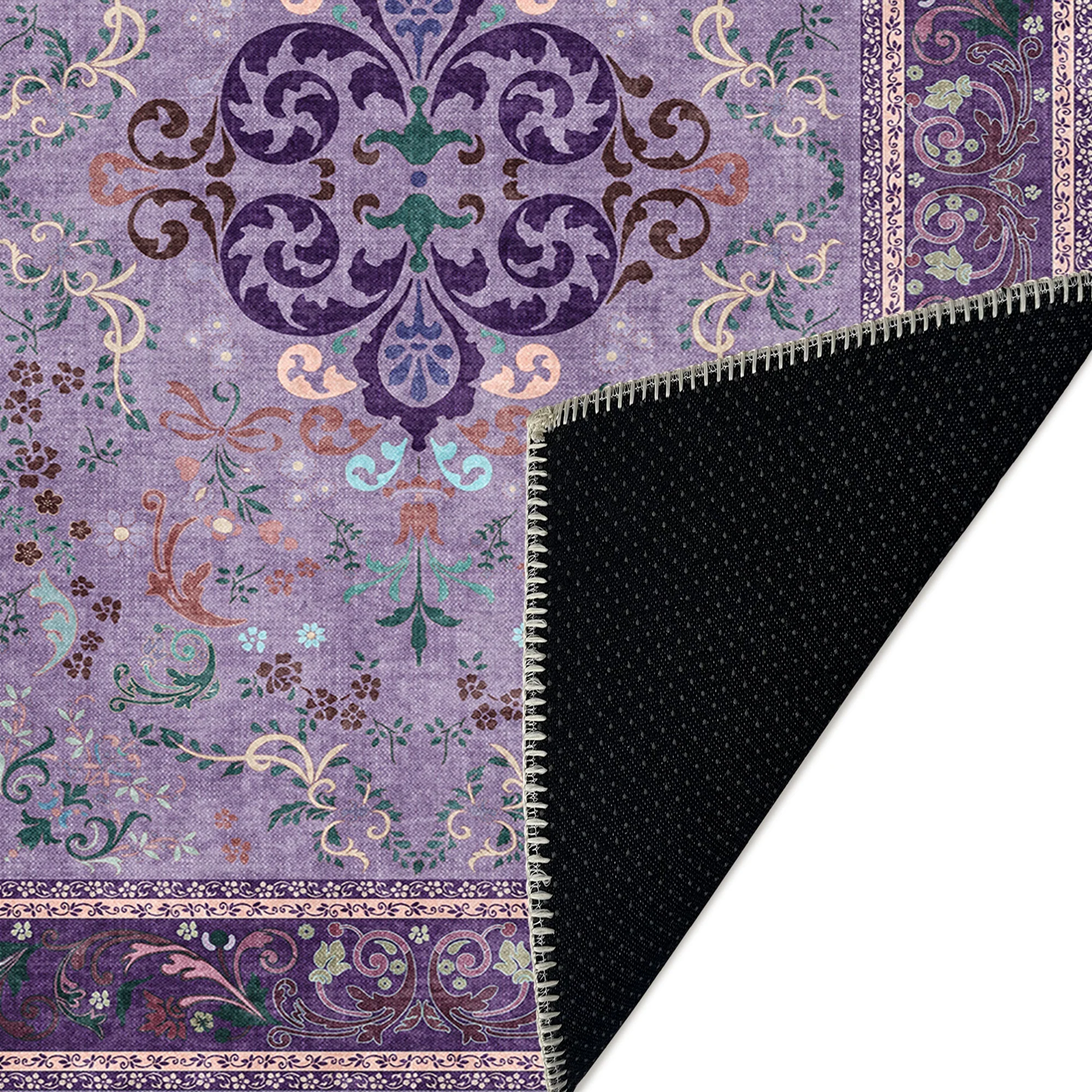 Traditional Floral Purple Machine Washable Cotton Area Rug - Image 7