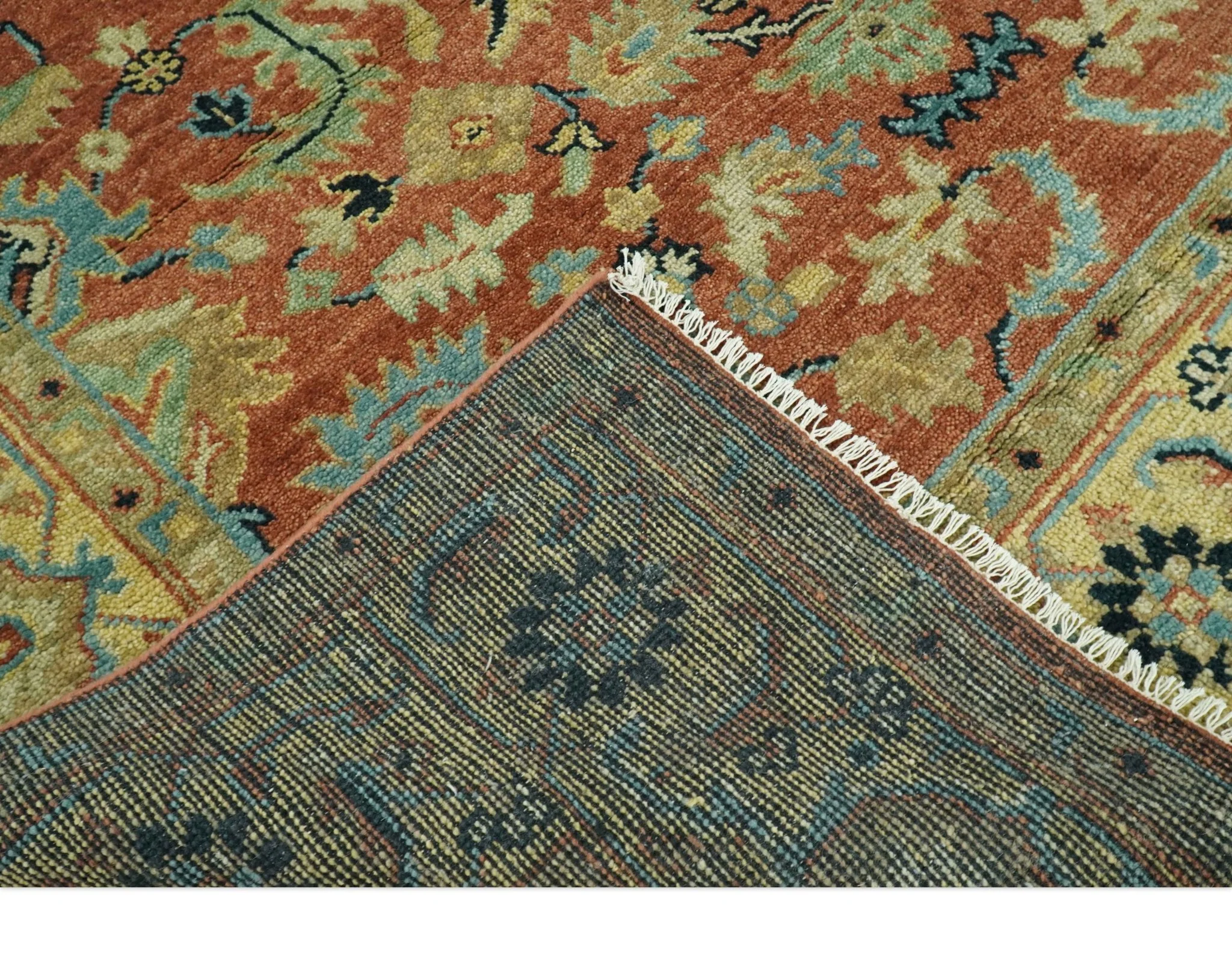 Vintage Style 8x10 Traditional Floral Rust and Olive Oriental Oushak wool area rug - Image 6