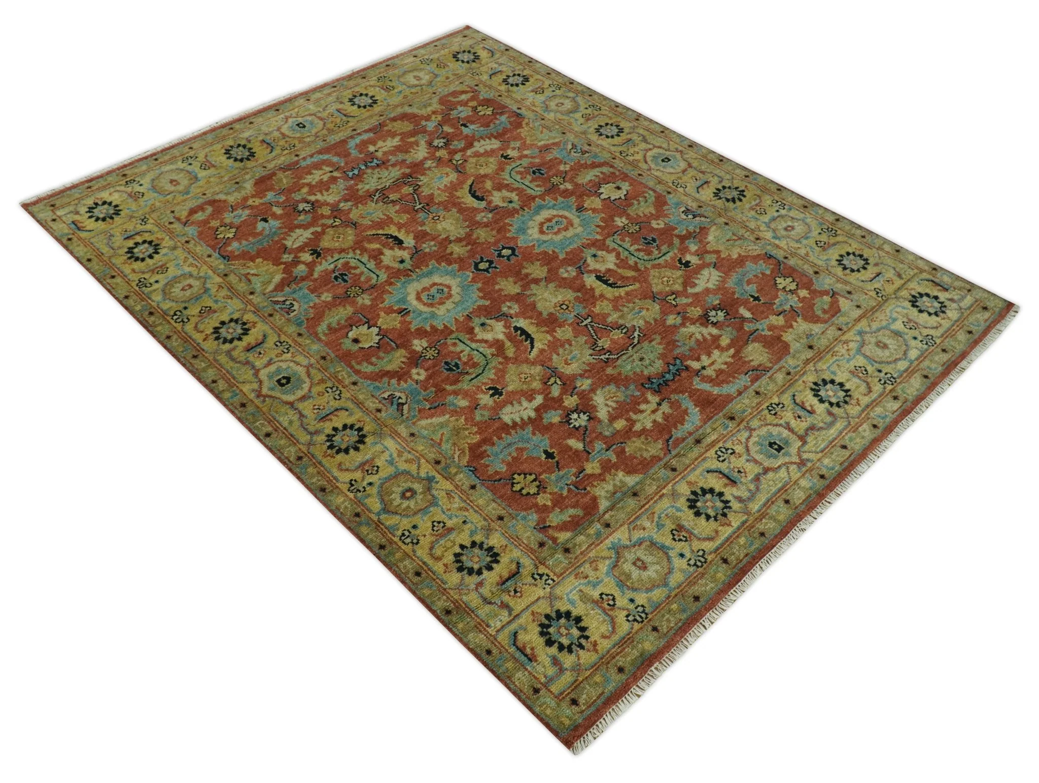 Vintage Style 8x10 Traditional Floral Rust and Olive Oriental Oushak wool area rug - Image 8