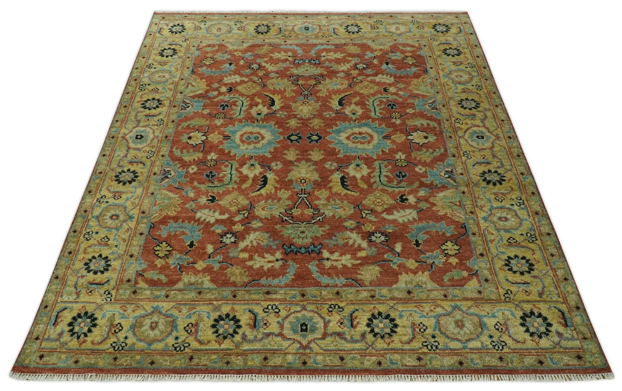 Vintage Style 8x10 Traditional Floral Rust and Olive Oriental Oushak wool area rug - Image 9
