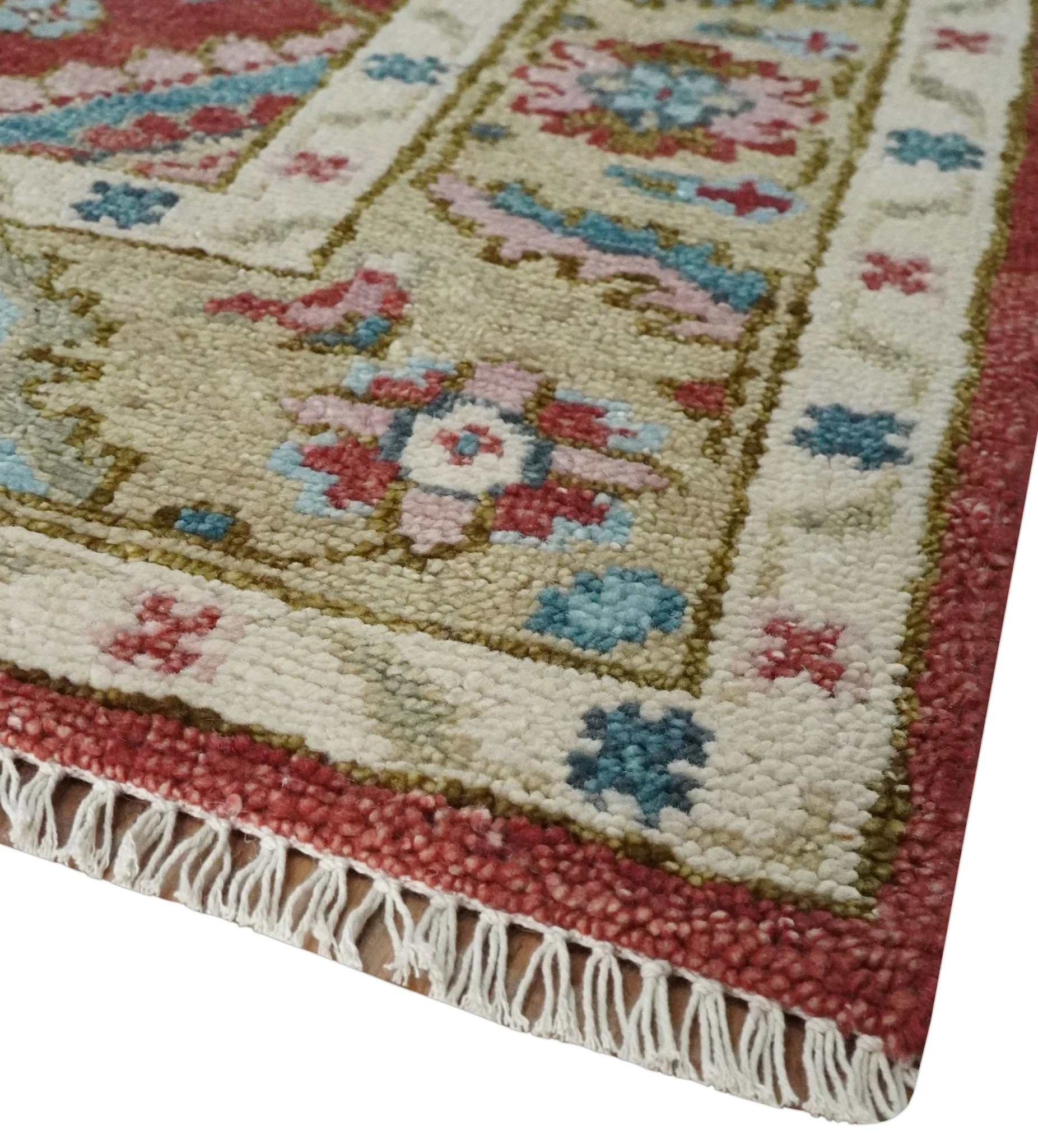 Traditional Floral Rust, Beige and Teal Hand knotted 8x10 Oushak wool Area Rug - Image 5