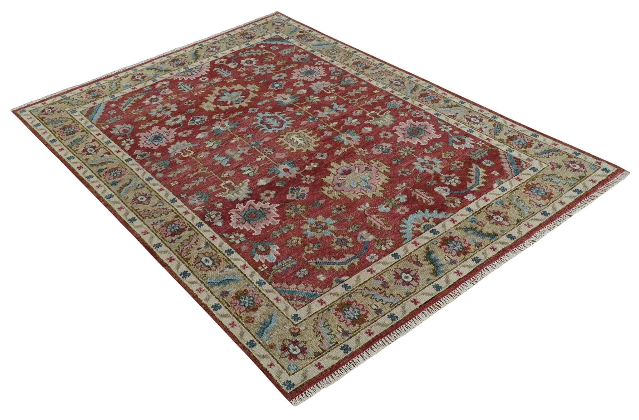 Traditional Floral Rust, Beige and Teal Hand knotted 8x10 Oushak wool Area Rug - Image 9