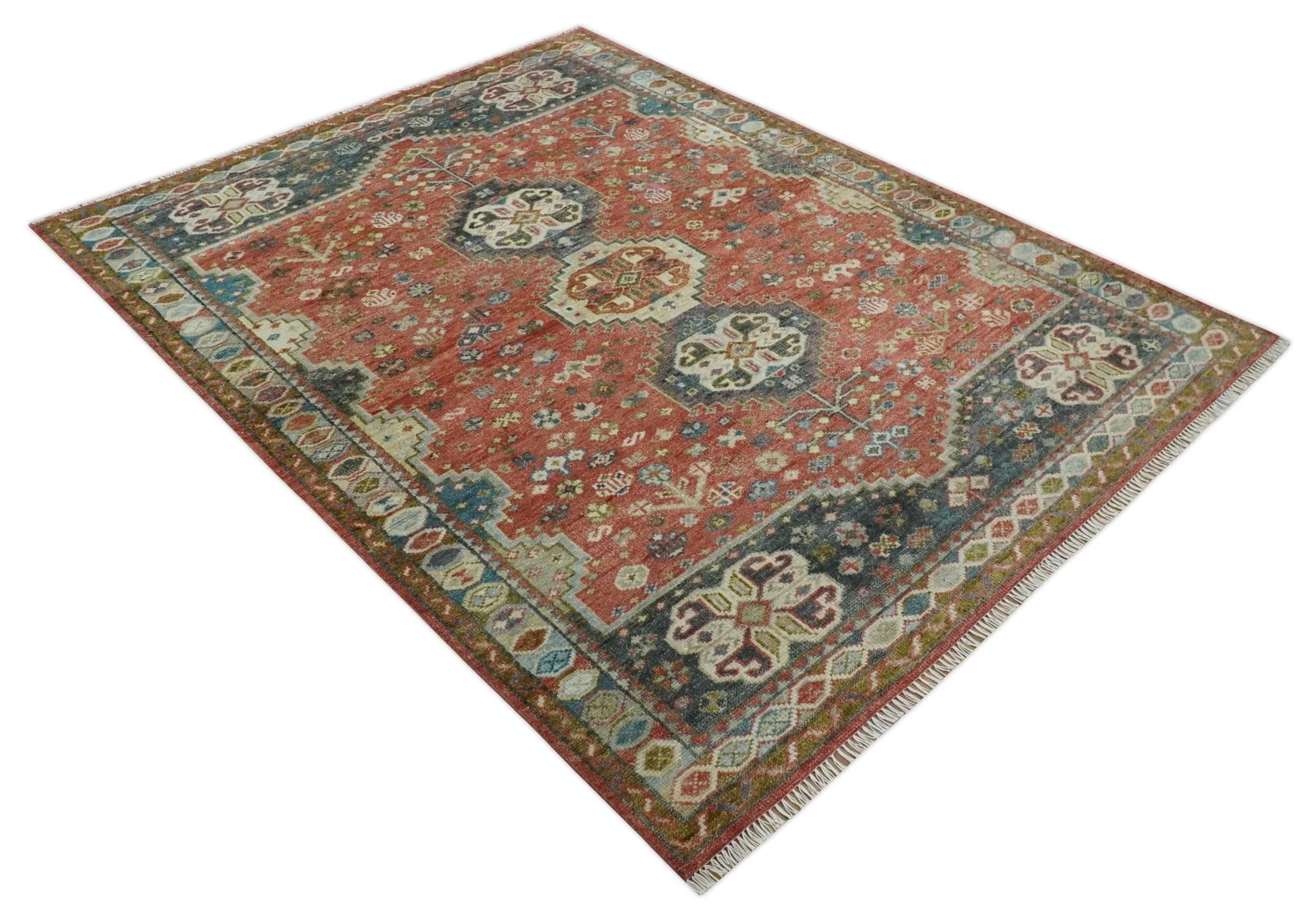 Traditional floral Rust, Charcoal and Beige Mamluk design Custom Made wool Area Rug - Image 10