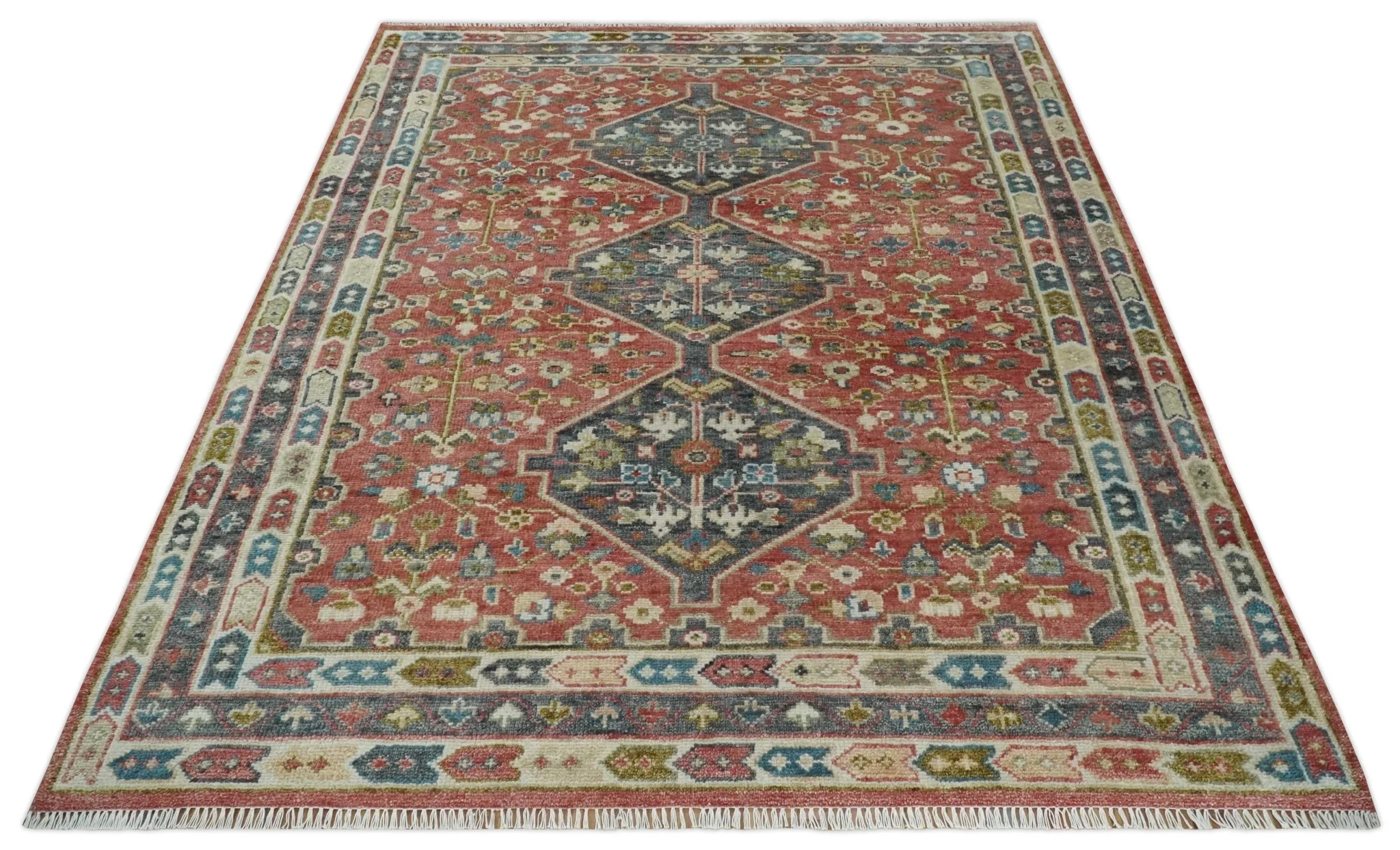 Traditional Floral Rust, Charcoal and Ivory Hand knotted Custom Made wool Area Rug - Image 10