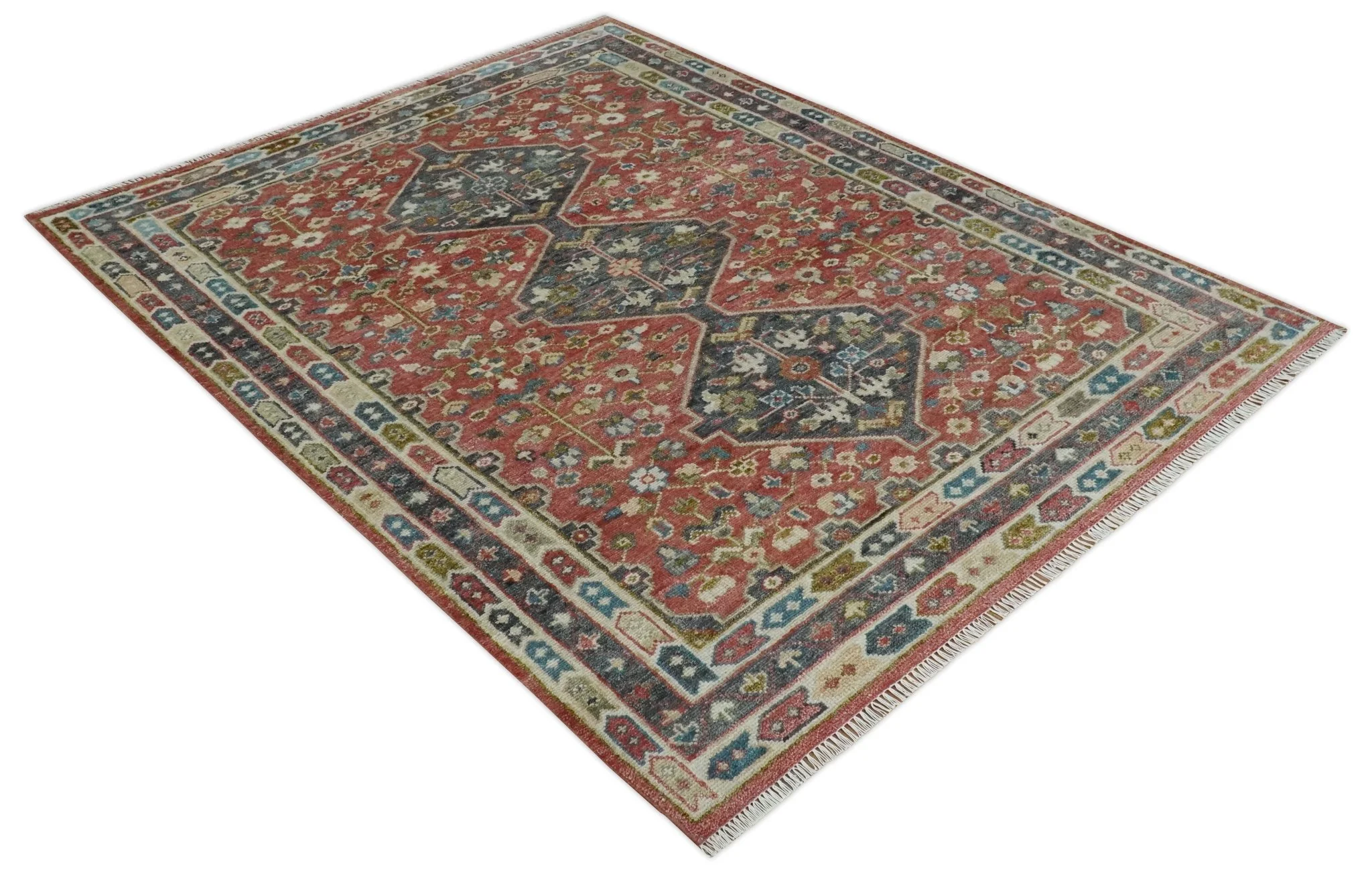 Traditional Floral Rust, Charcoal and Ivory Hand knotted Custom Made wool Area Rug - Image 9