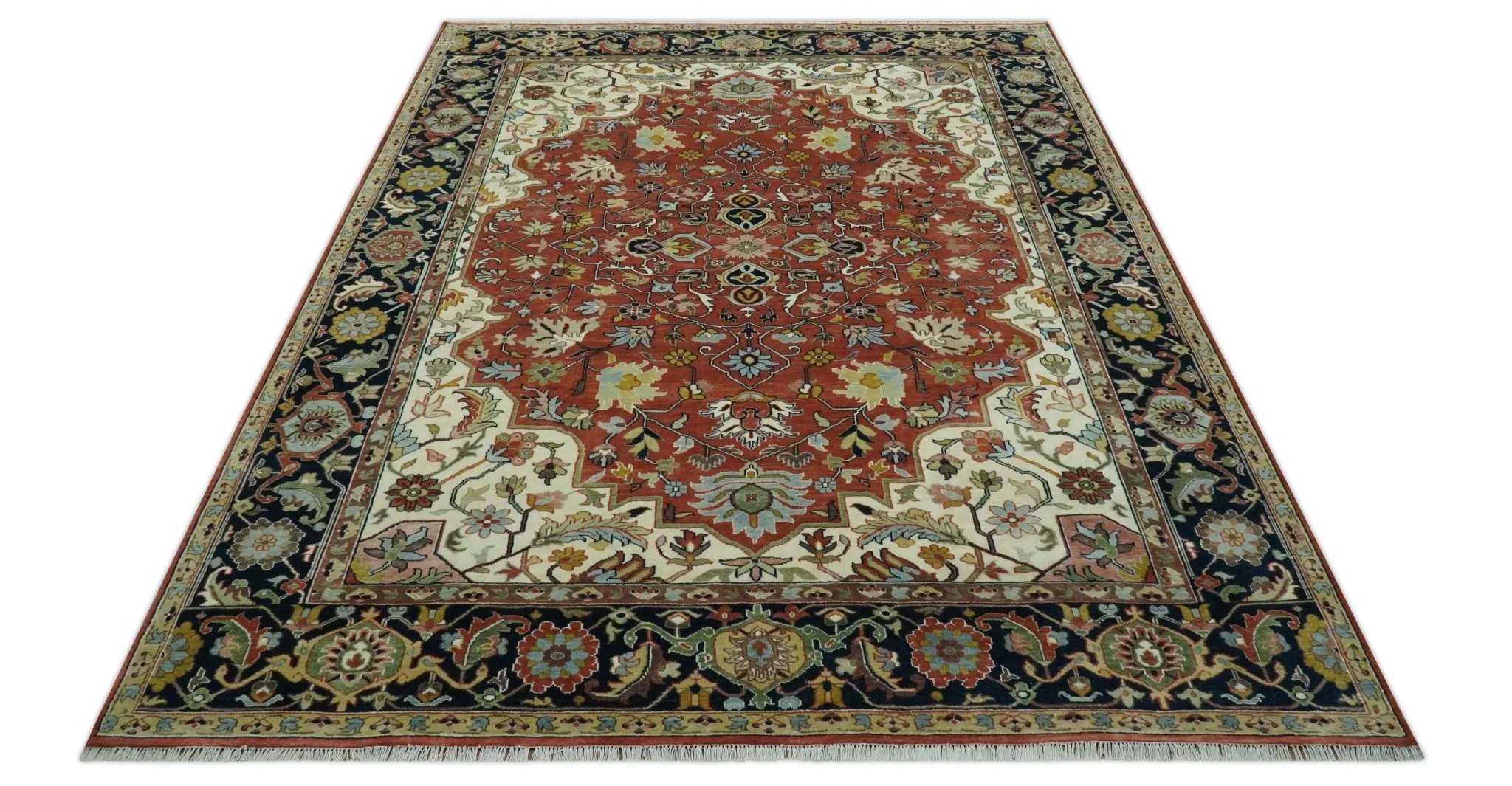 Traditional Floral Rust, Ivory and Blue Fine Hand Knotted 9x12 wool area rug - Image 10