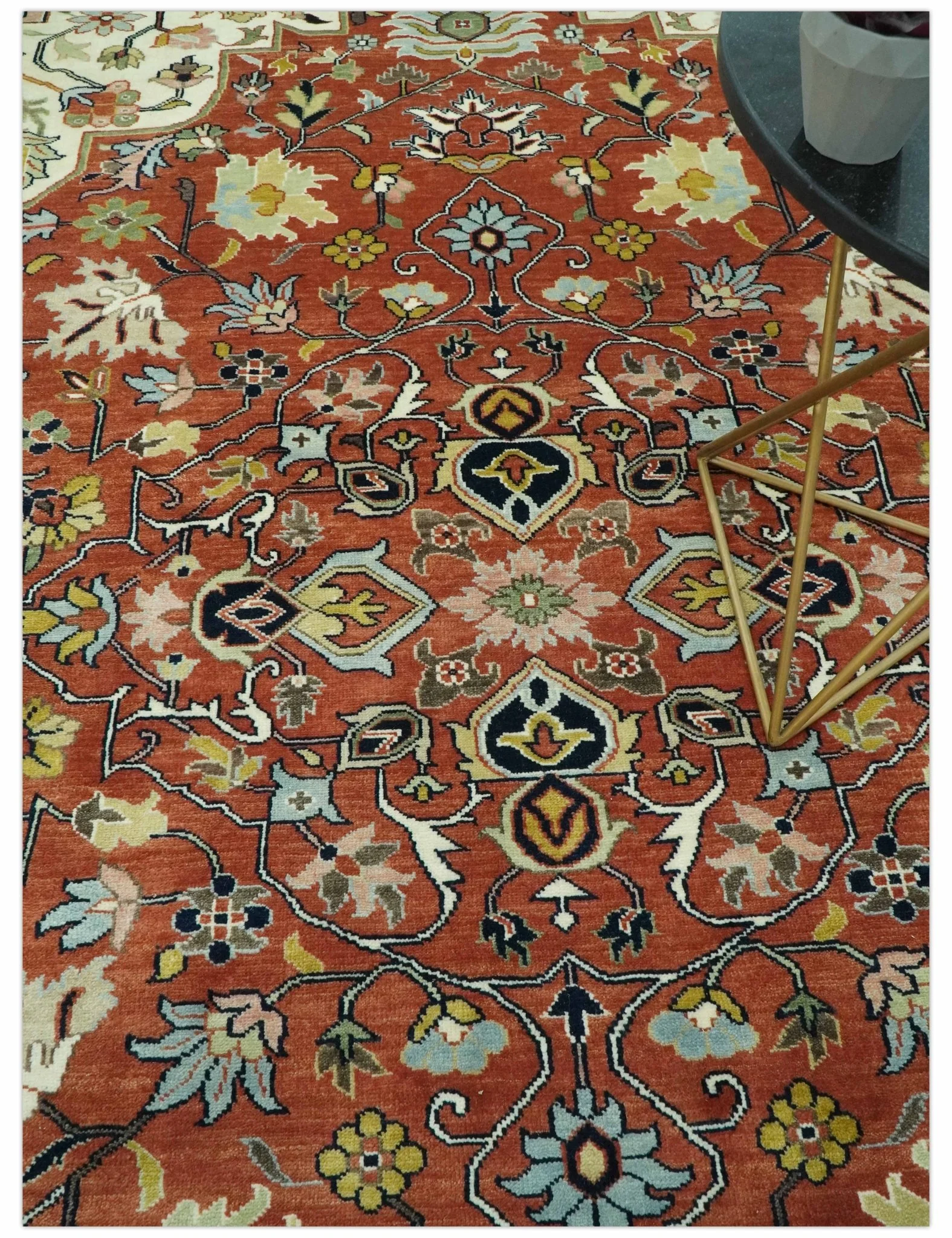 Traditional Floral Rust, Ivory and Blue Fine Hand Knotted 9x12 wool area rug - Image 2