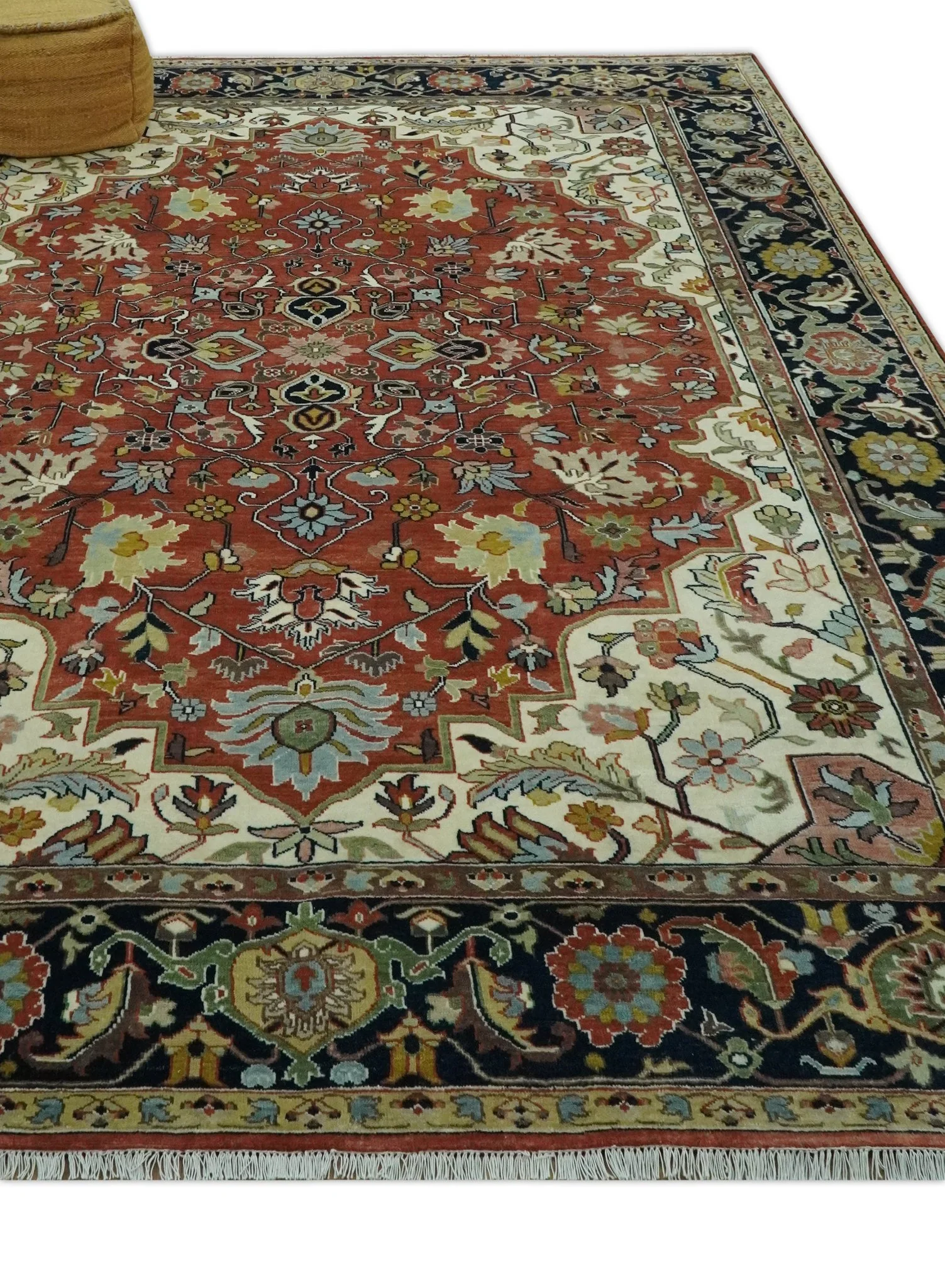 Traditional Floral Rust, Ivory and Blue Fine Hand Knotted 9x12 wool area rug - Image 3