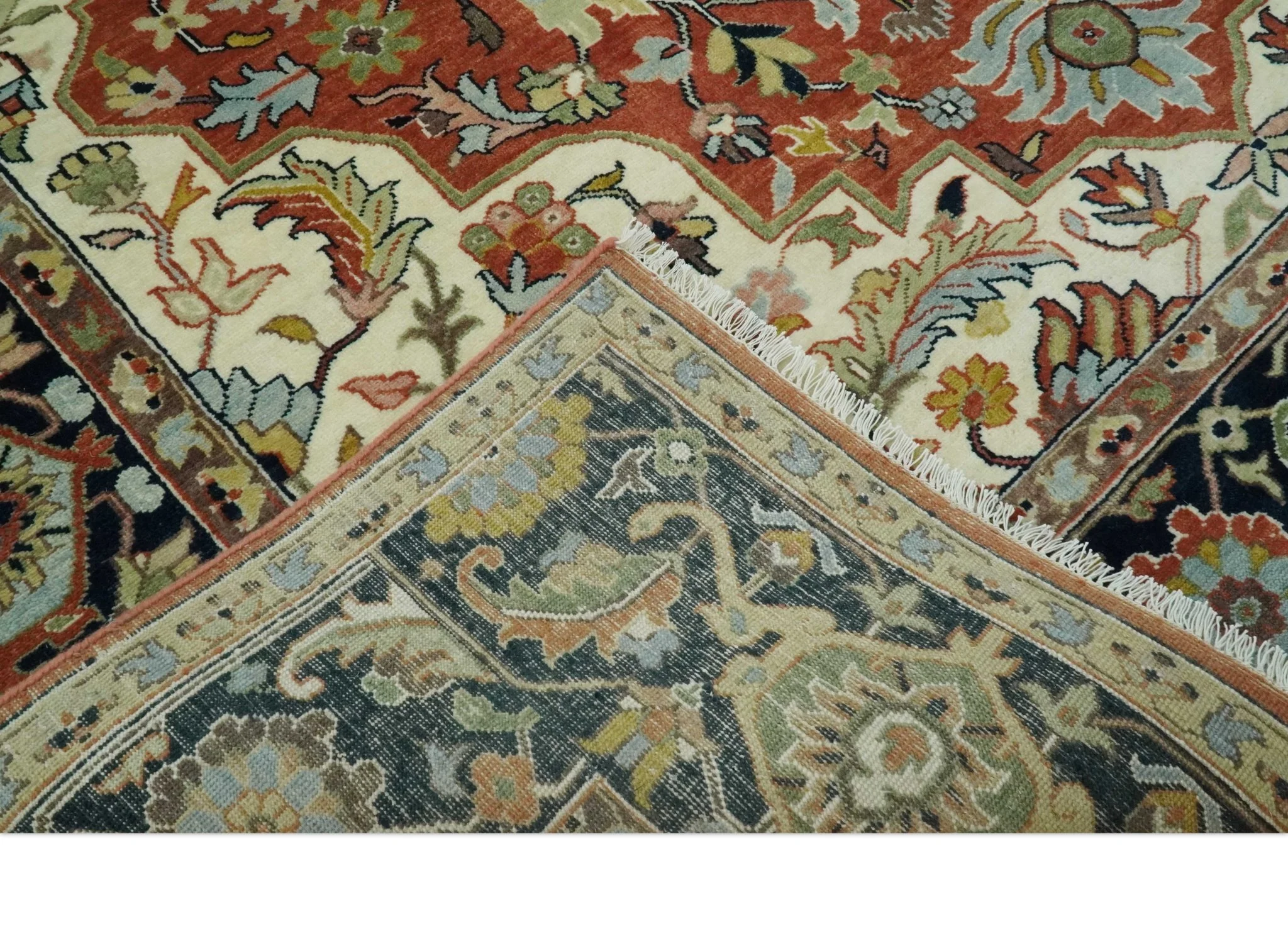 Traditional Floral Rust, Ivory and Blue Fine Hand Knotted 9x12 wool area rug - Image 7