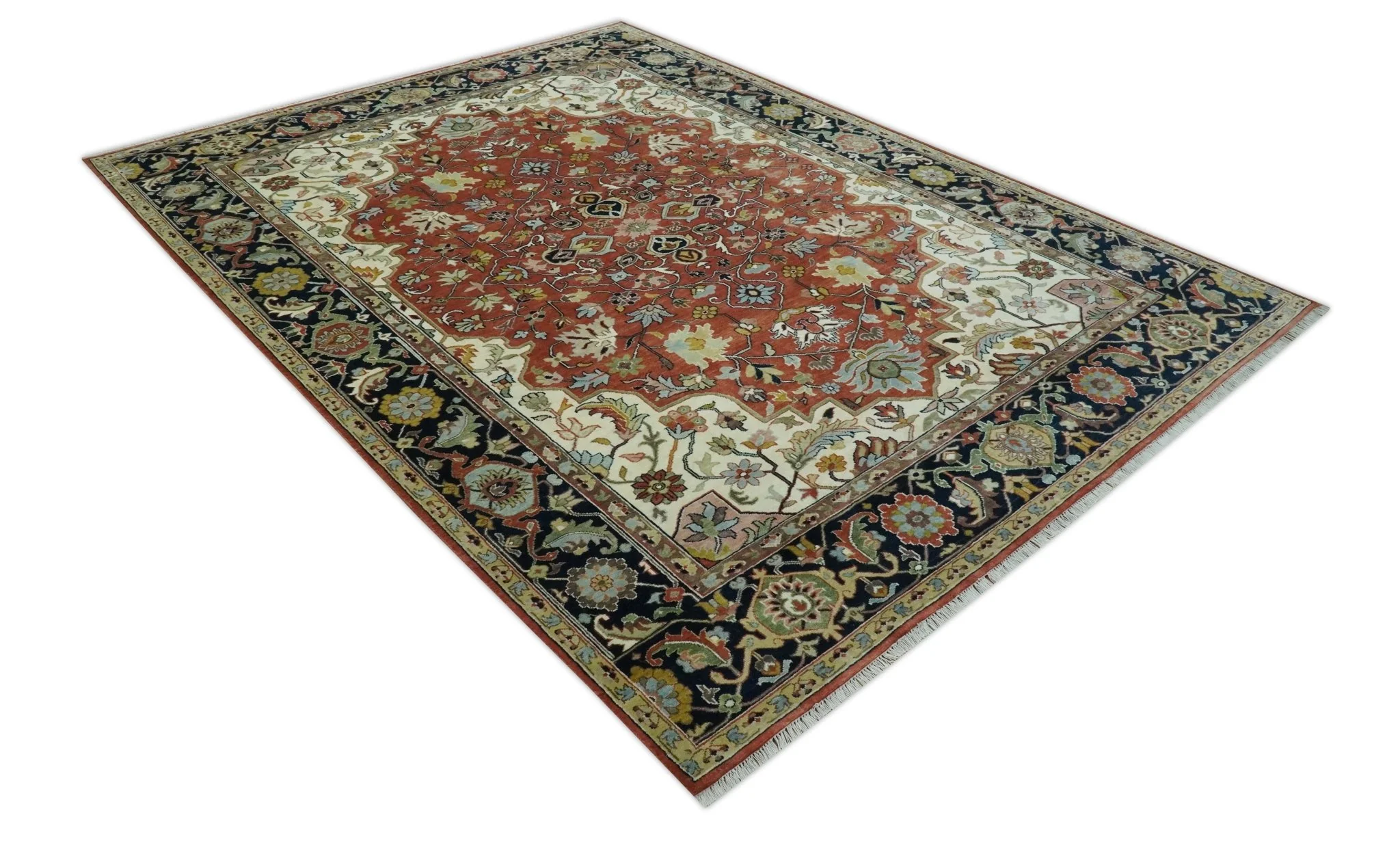 Traditional Floral Rust, Ivory and Blue Fine Hand Knotted 9x12 wool area rug - Image 9