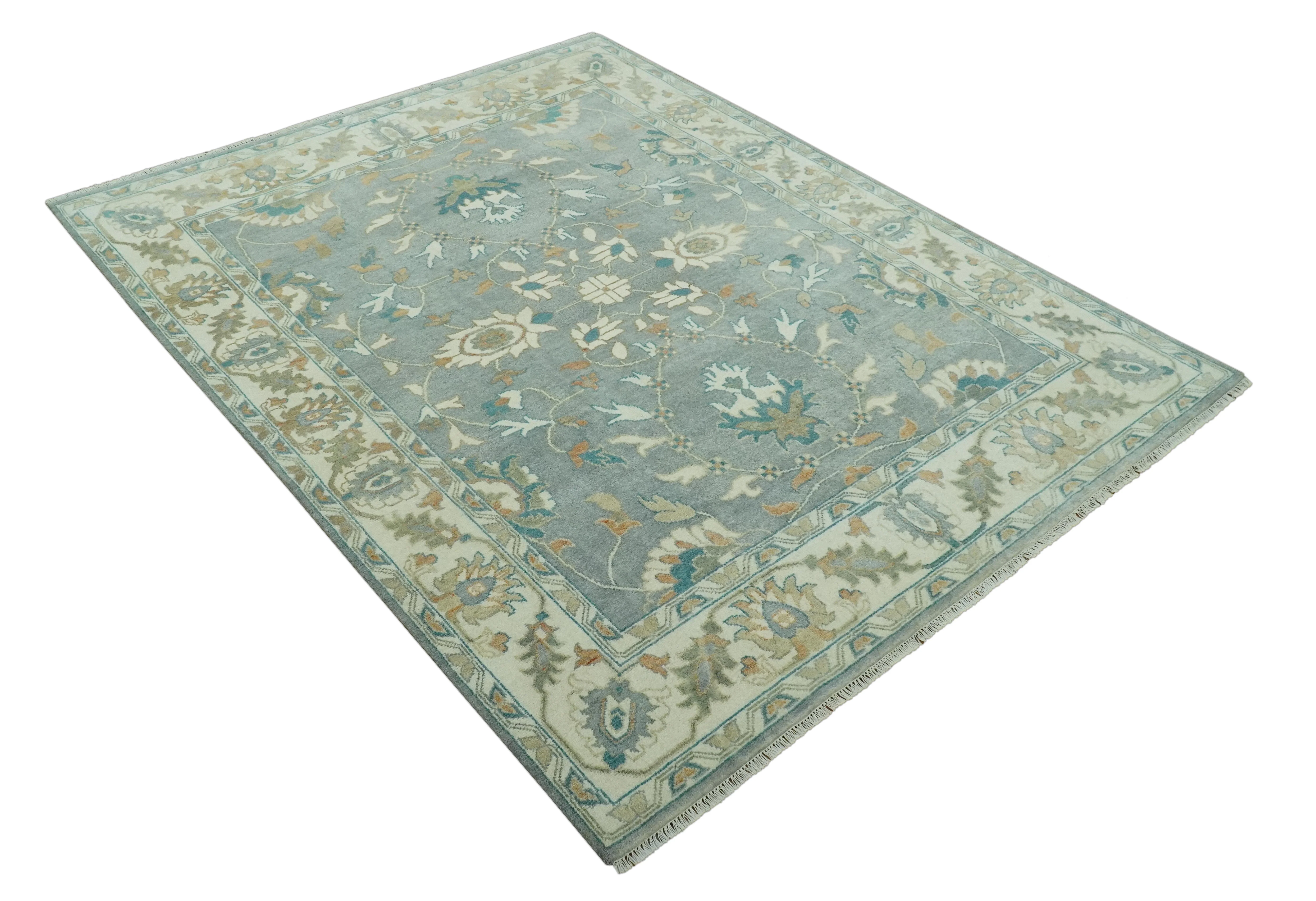 8x10 Traditional Floral Silver and Ivory Hand Knotted wool area rug - Image 11