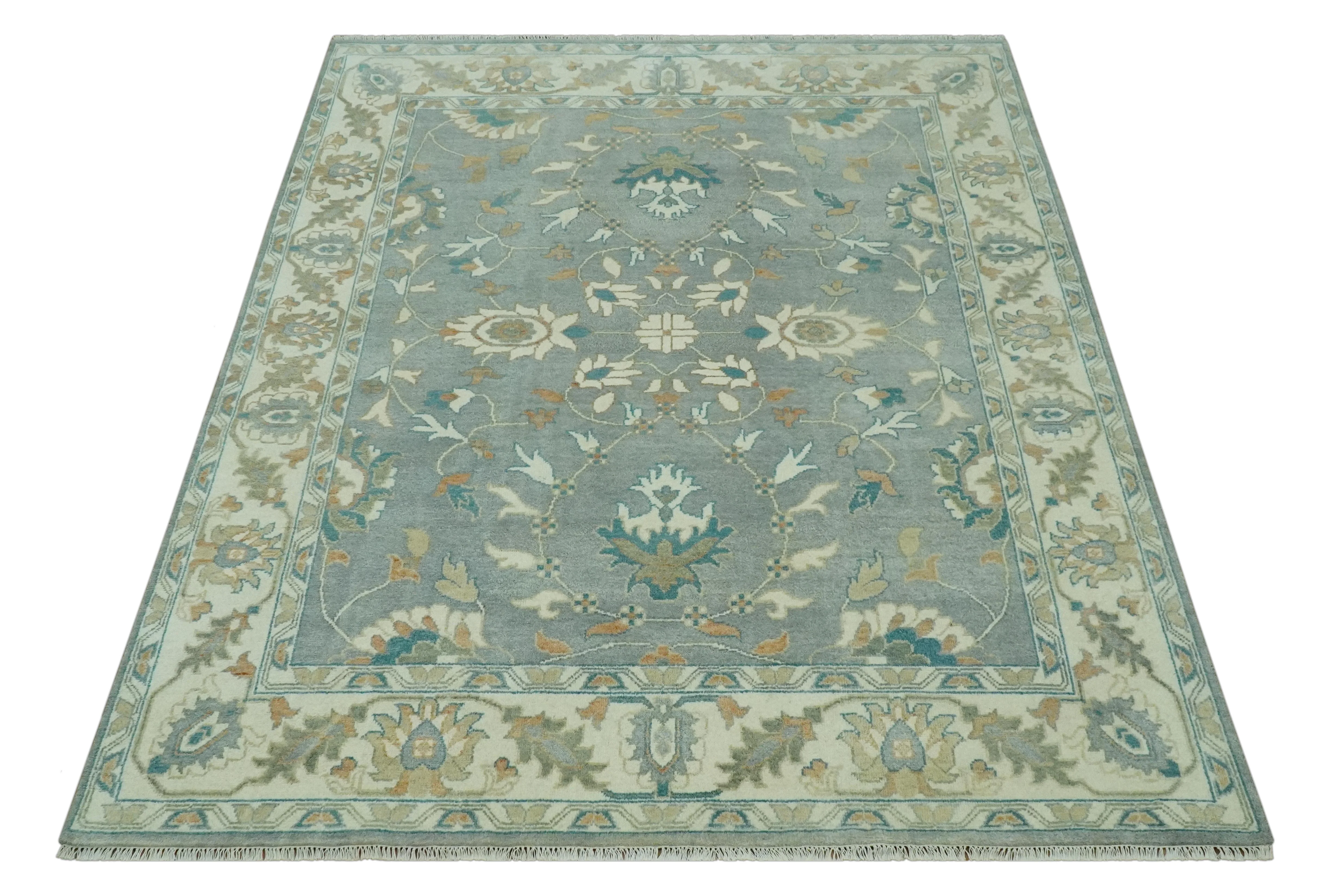 8x10 Traditional Floral Silver and Ivory Hand Knotted wool area rug - Image 12