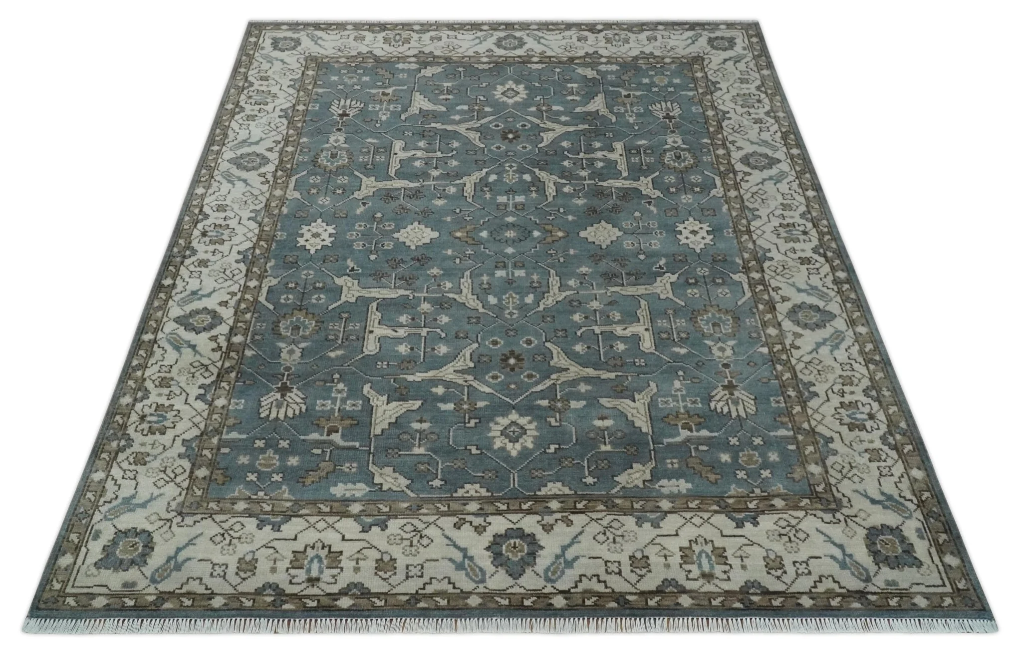 Traditional Blue, Ivory and Brown Oriental Oushak 8x10 wool Area Rug - Image 10