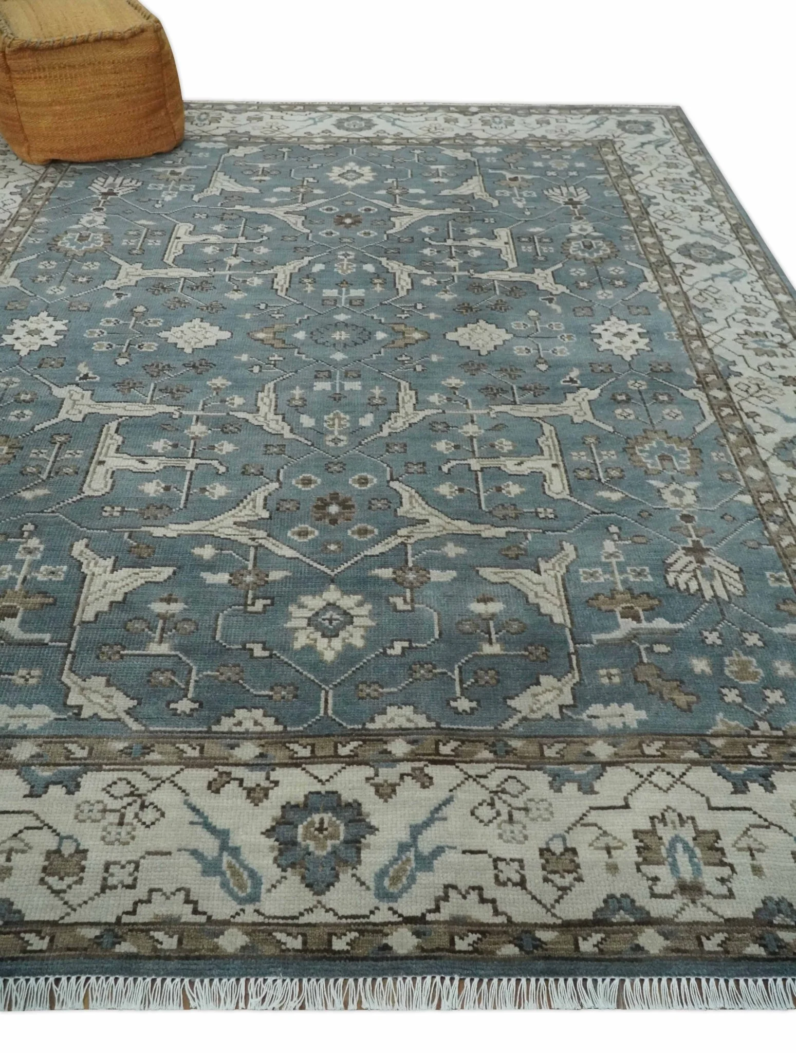 Traditional Blue, Ivory and Brown Oriental Oushak 8x10 wool Area Rug - Image 3