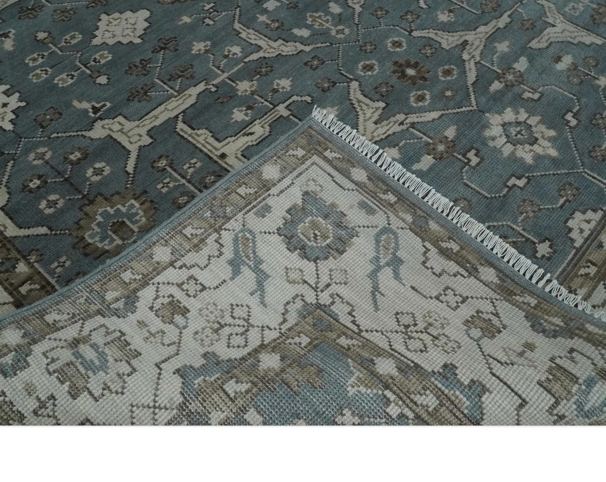 Traditional Blue, Ivory and Brown Oriental Oushak 8x10 wool Area Rug - Image 7
